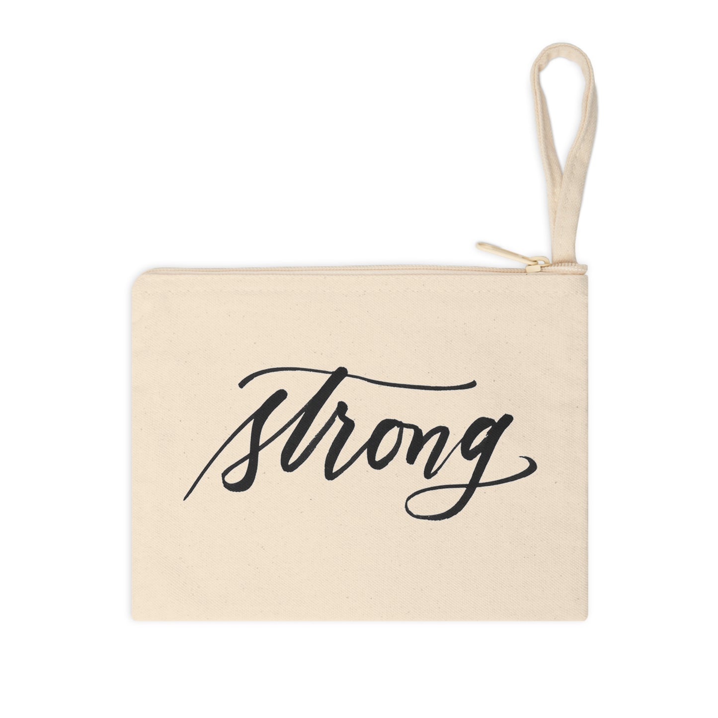 Black Script "Strong" Calligraphy Printed Accessory Zipper Pouch