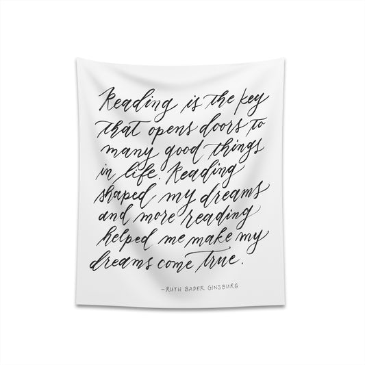 "Reading is Key" Ruth Bader Ginsburg RBG Quote Calligraphy Printed Wall Tapestry