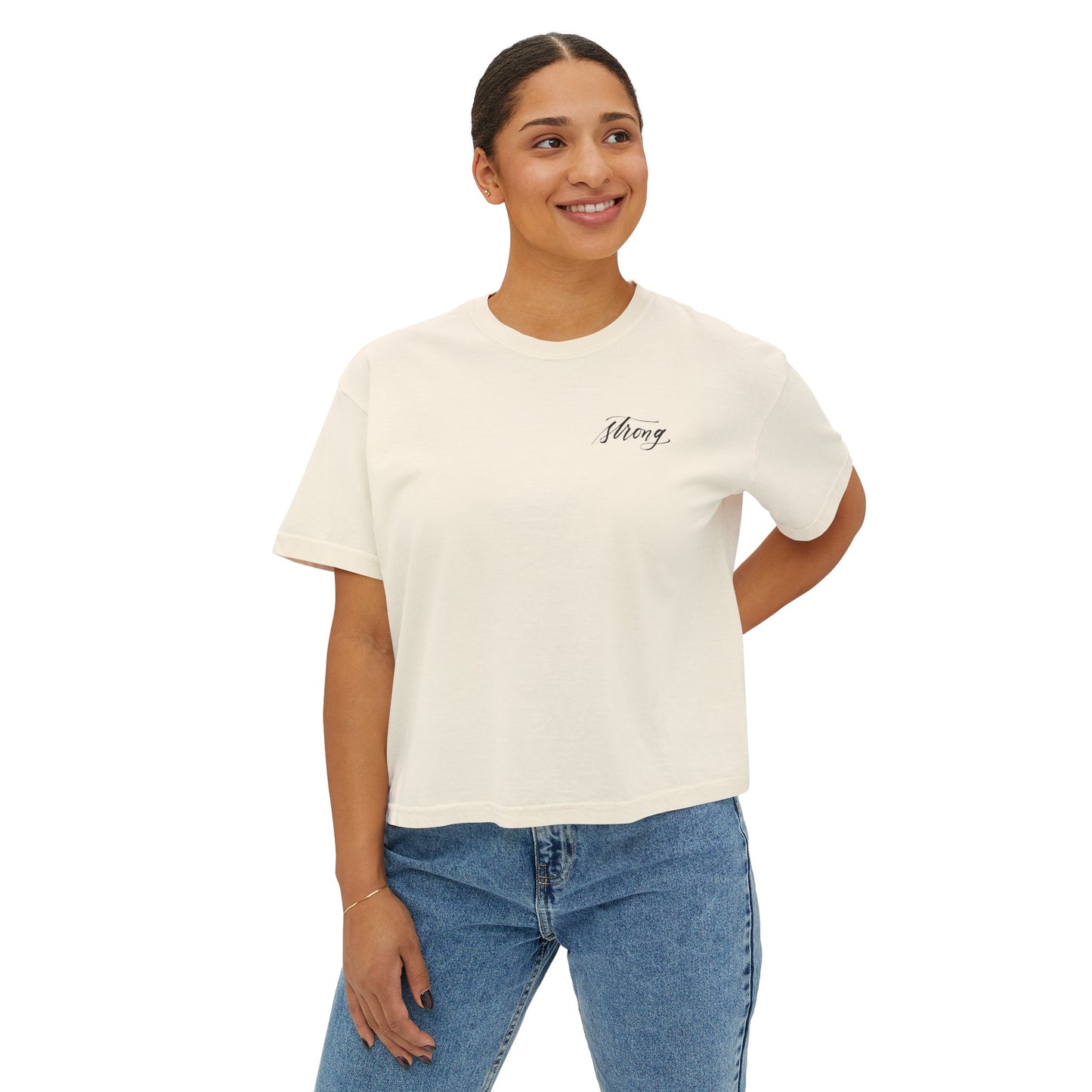 Script "Strong" Calligraphy Printed Everyday Women's Boxy Tee