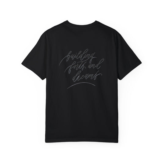 Script "Dad" Front & "Building Forts & Dreams" Calligraphy Back - Black Print on Black Unisex High Quality 100% Cotton T-shirt - Mom & Dad Shirts #03