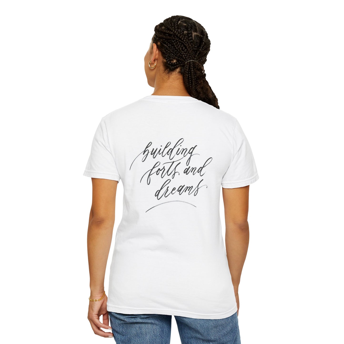 Script "Mama" Front & "Building Forts & Dreams" Calligraphy Back - Unisex High Quality 100% Cotton T-shirt - Mom & Dad Shirts #03