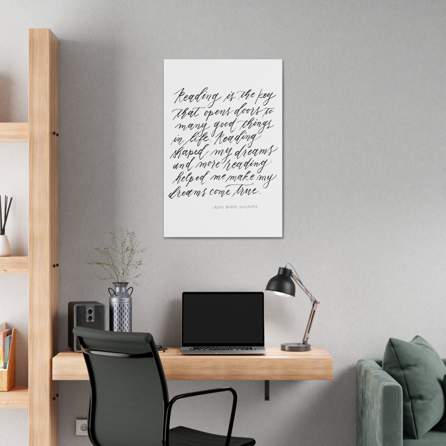 Wall Decor Canvas - "Reading is Key" Ruth Bader Ginsburg RBG Quote Calligraphy Printed on Stretched Canvas Wall Decor