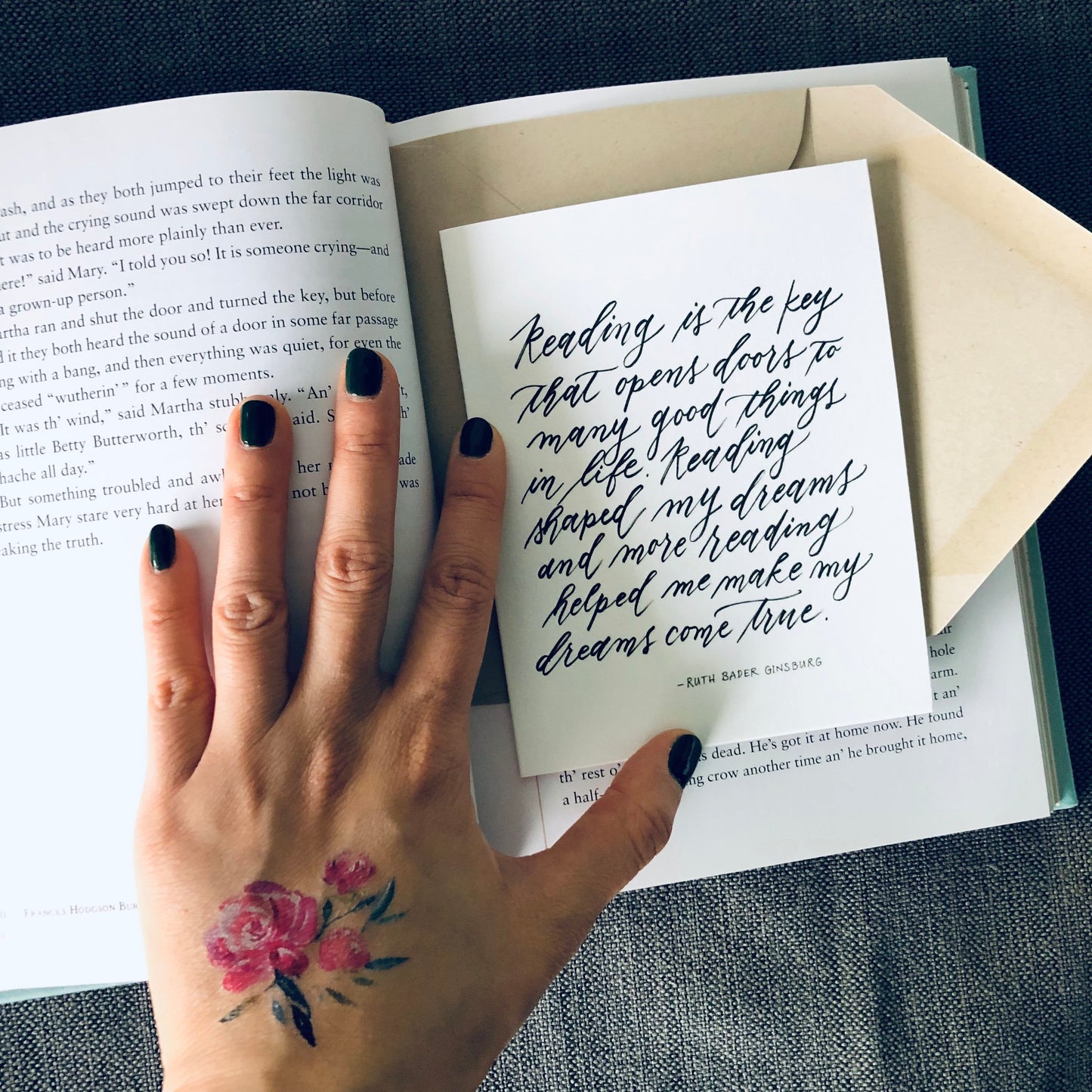 "Reading is Key" Ruth Bader Ginsburg RBG Quote Calligraphy Printed Greeting Card