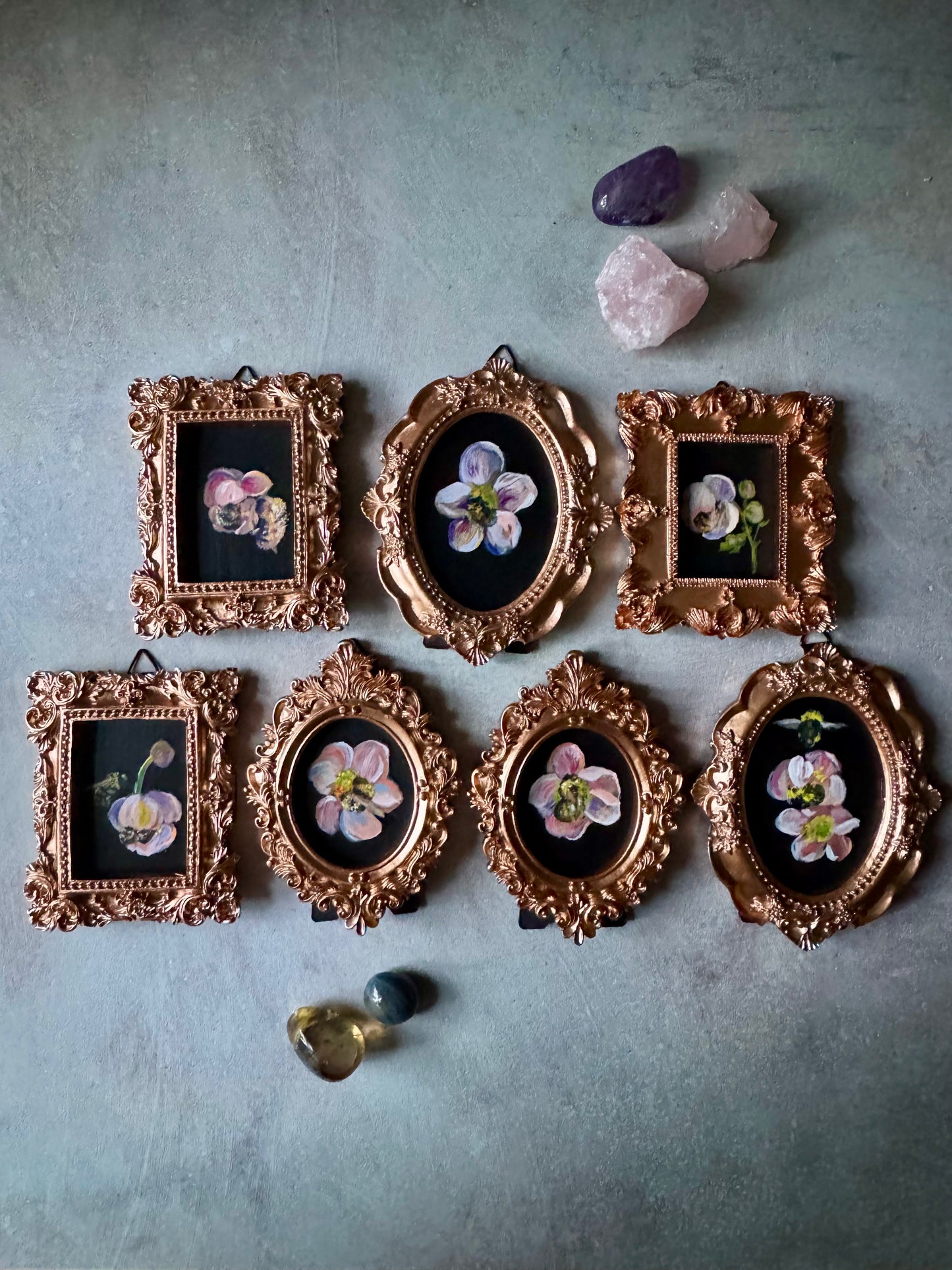 AVAILABLE - Tiny Treasures Collection - Colony I, #5 of 7 Three Bumblebees, Hanging Anemone & Bud