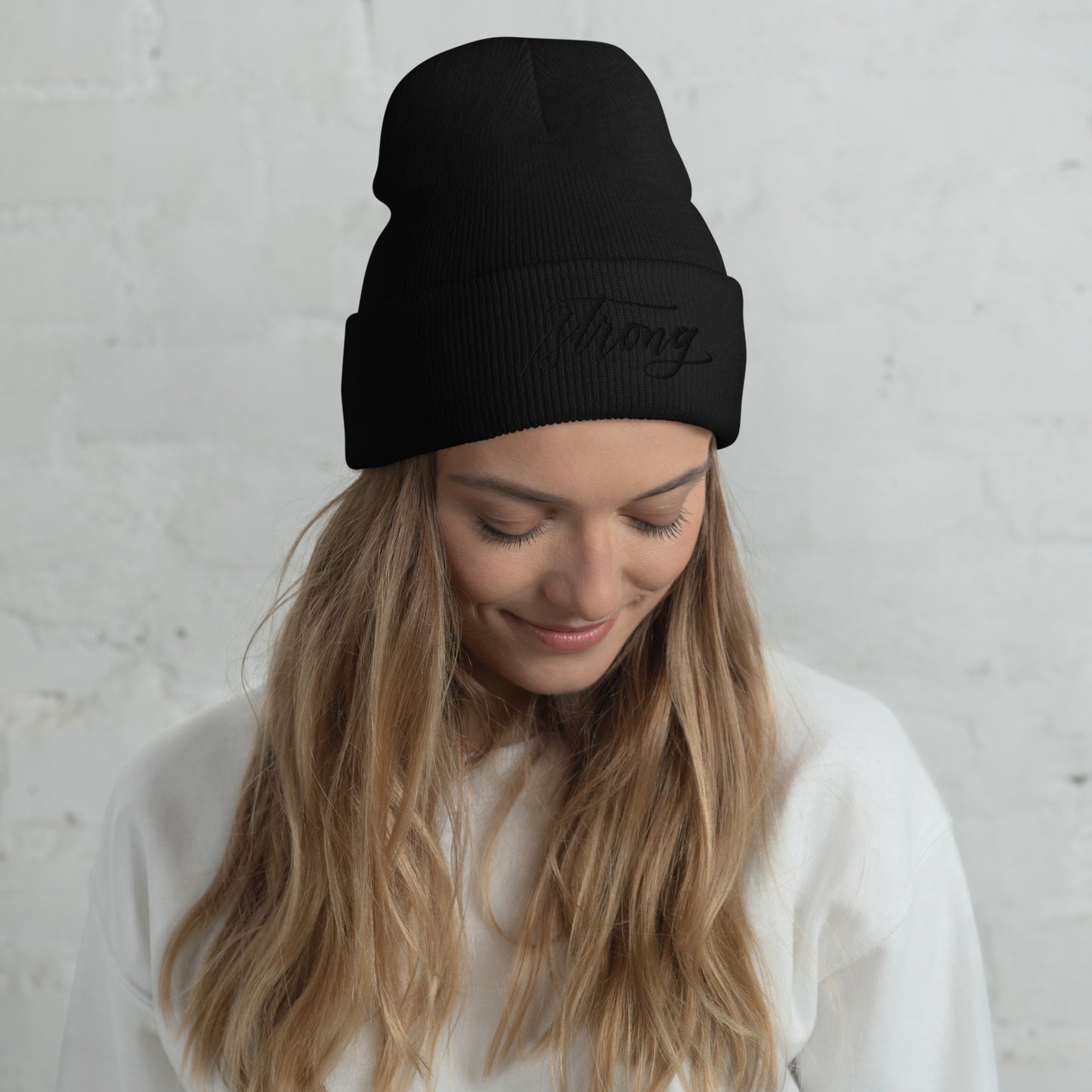 Embroidered Black Script "Strong" Calligraphy on Black or Grey Cuffed Beanie