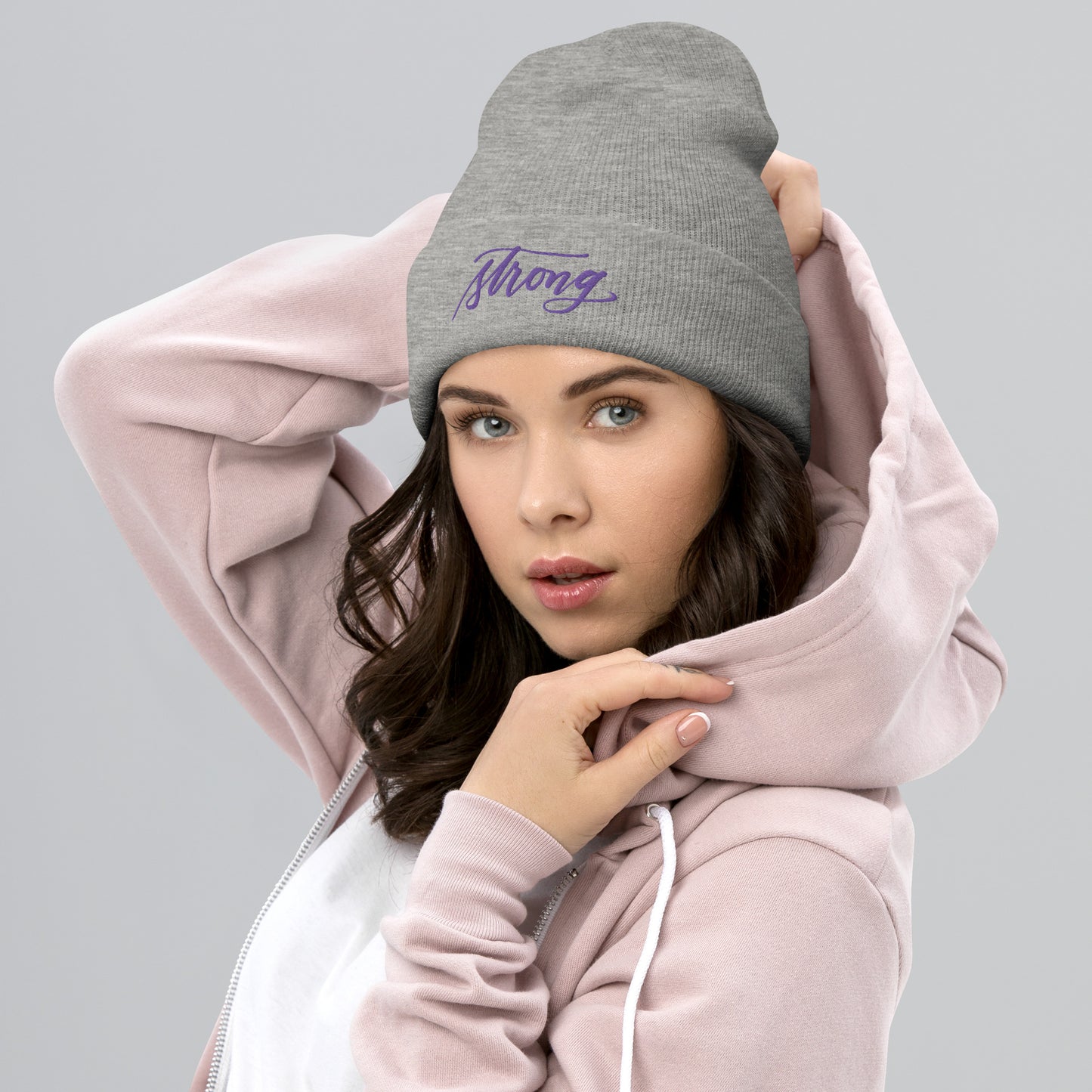 Embroidered Purple Script "Strong" Calligraphy on Black or Grey Cuffed Beanie