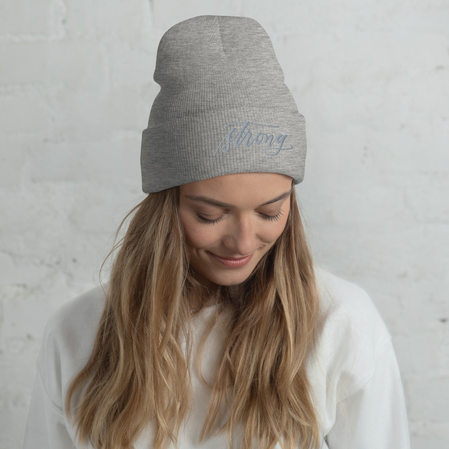Embroidered Grey Script "Strong" Calligraphy on Grey Cuffed Beanie