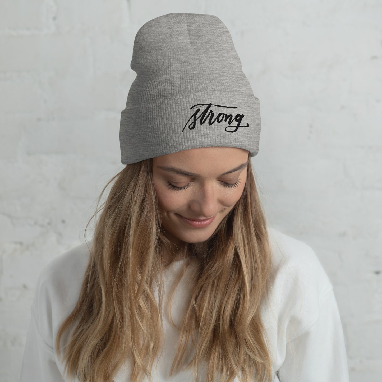 Embroidered Black Script "Strong" Calligraphy on Black or Grey Cuffed Beanie