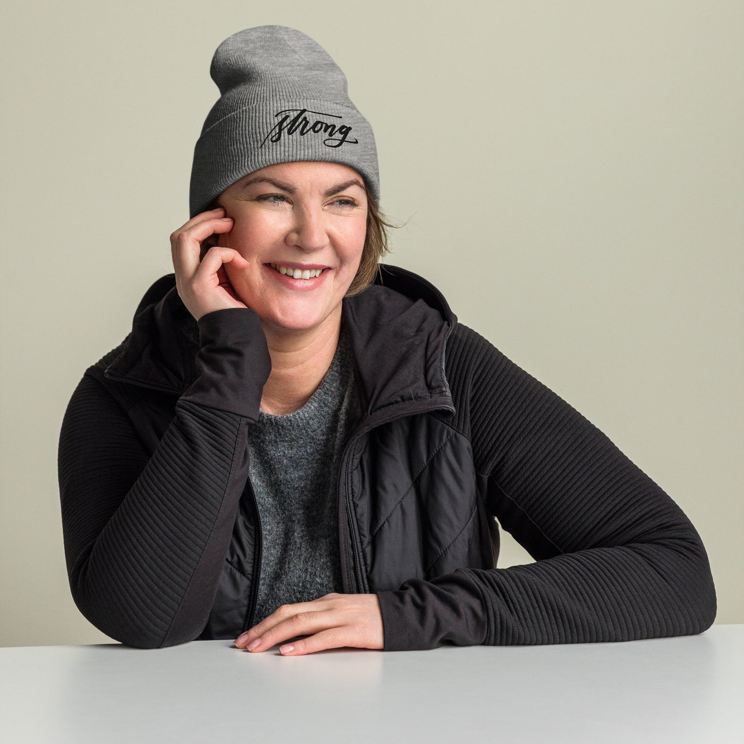 Embroidered Black Script "Strong" Calligraphy on Black or Grey Cuffed Beanie