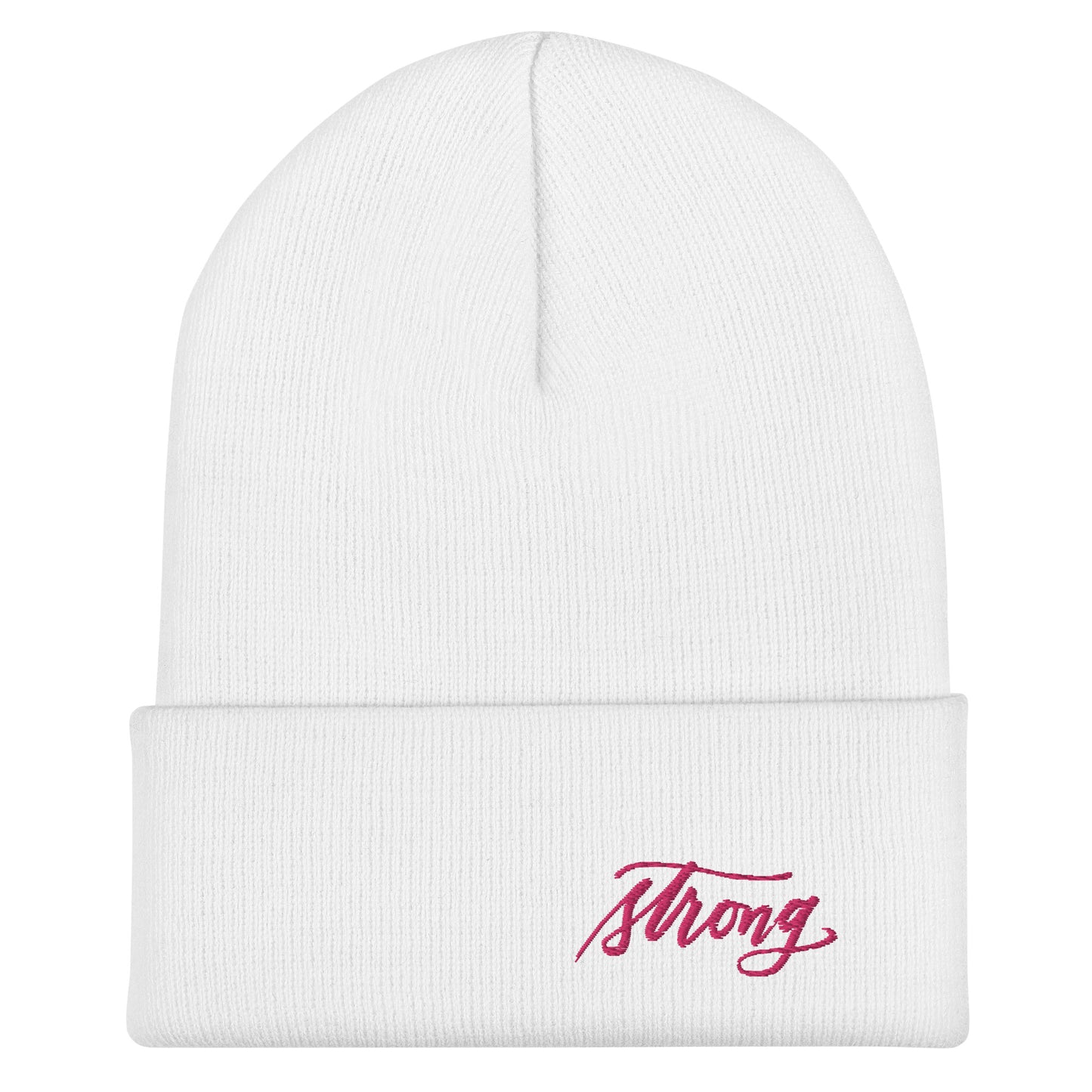 Embroidered Pink Script "Strong" Calligraphy on Pink or White Cuffed Beanie