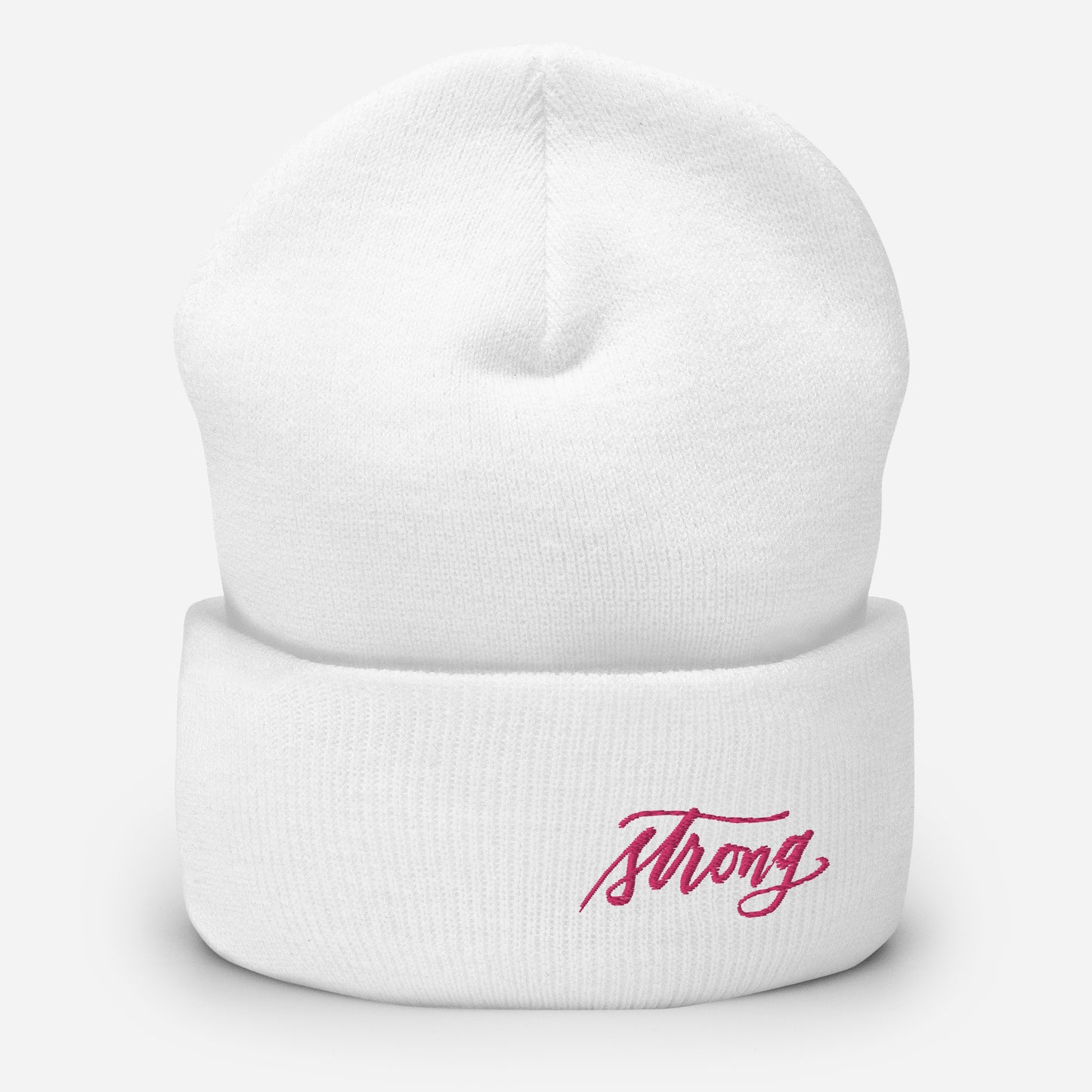 Embroidered Pink Script "Strong" Calligraphy on Pink or White Cuffed Beanie