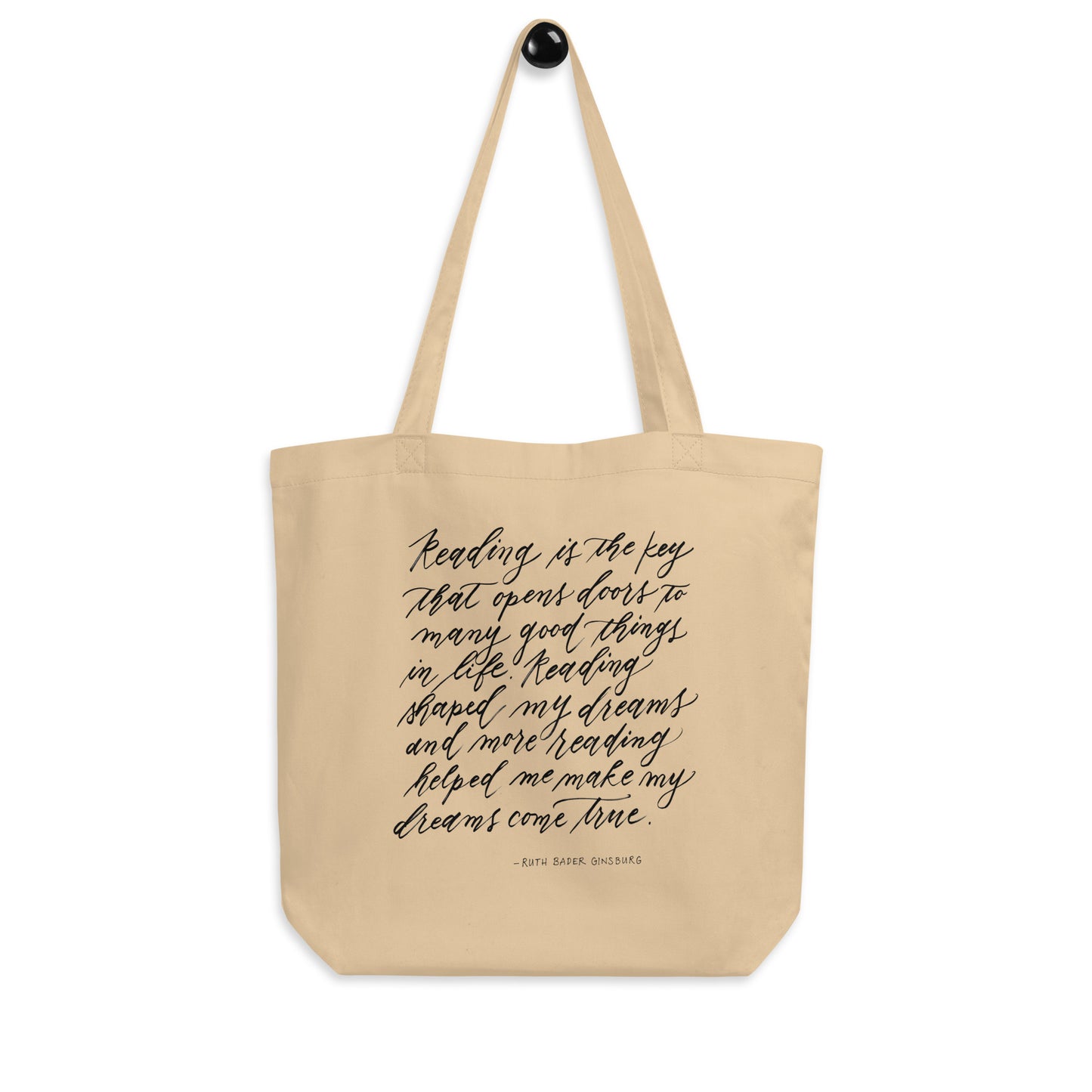 "Reading is Key" Ruth Bader Ginsburg RBG Quote Calligraphy Printed Certified Organic Cotton Canvas Medium Eco Tote Bag