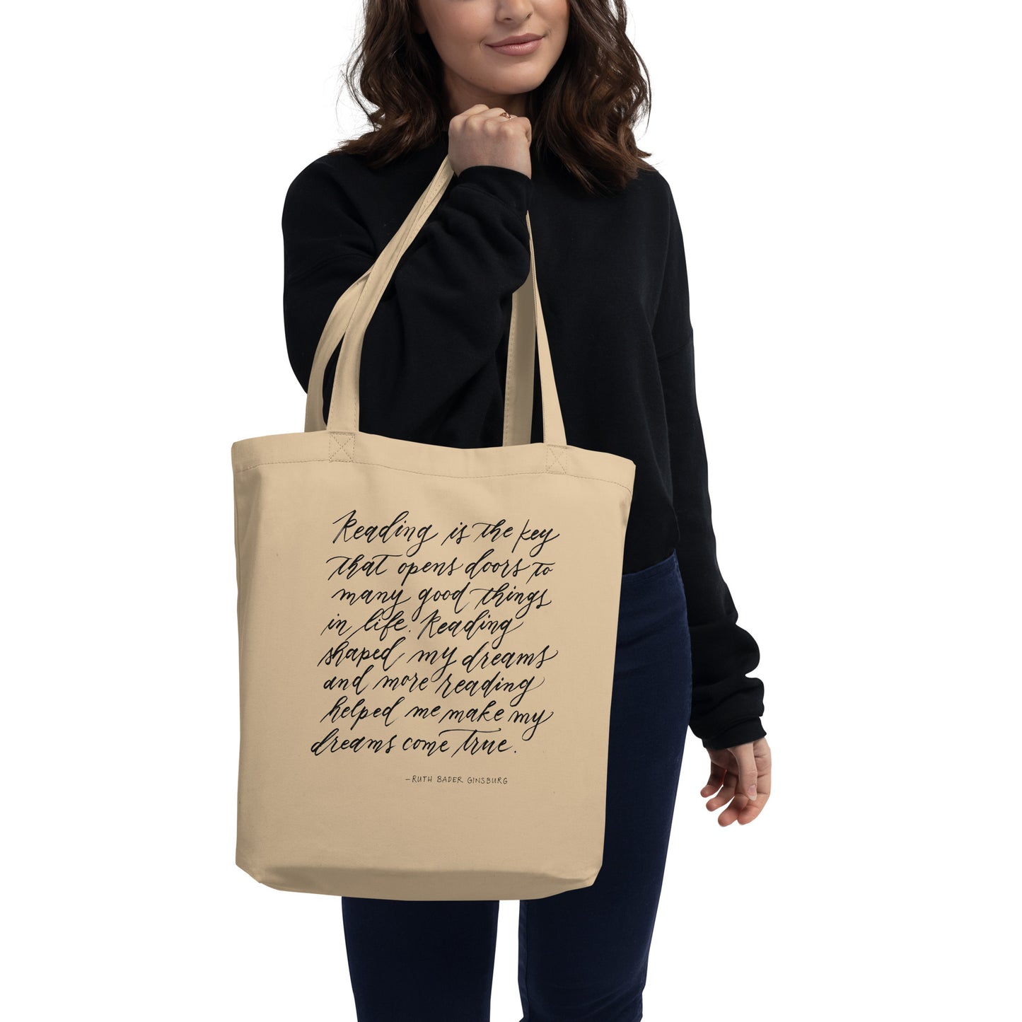 "Reading is Key" Ruth Bader Ginsburg RBG Quote Calligraphy Printed Certified Organic Cotton Canvas Medium Eco Tote Bag