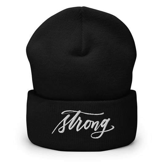 Embroidered White Script "Strong" Calligraphy on Black or Grey Cuffed Beanie