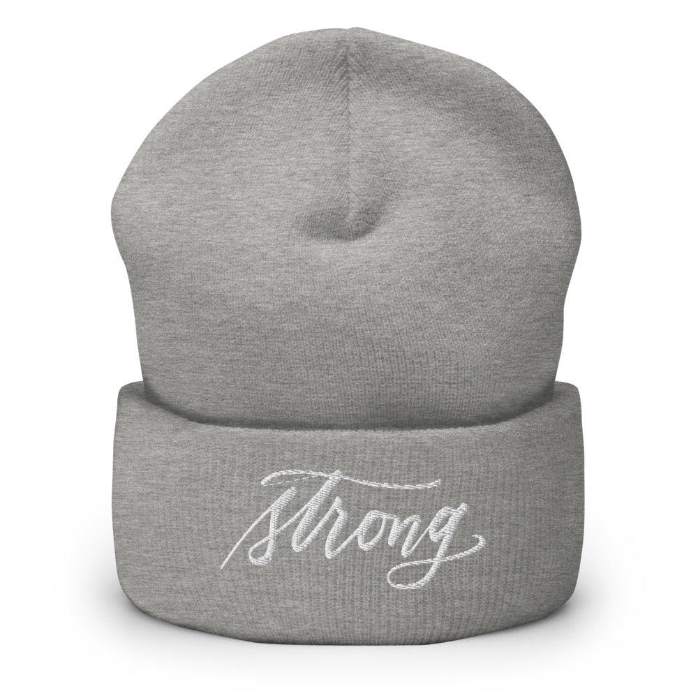 Embroidered White Script "Strong" Calligraphy on Black or Grey Cuffed Beanie