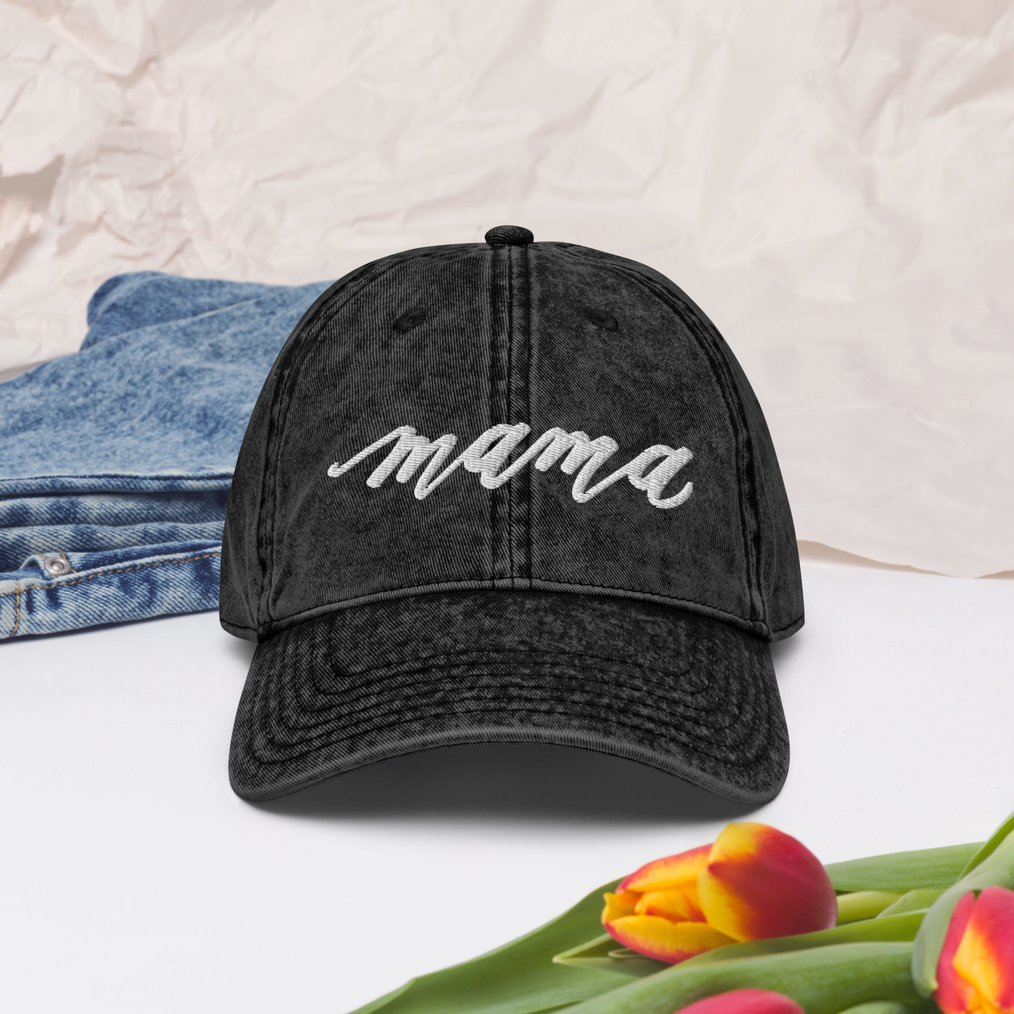 Embroidered Script "Mama" Calligraphy Vintage Cotton Twill Cap