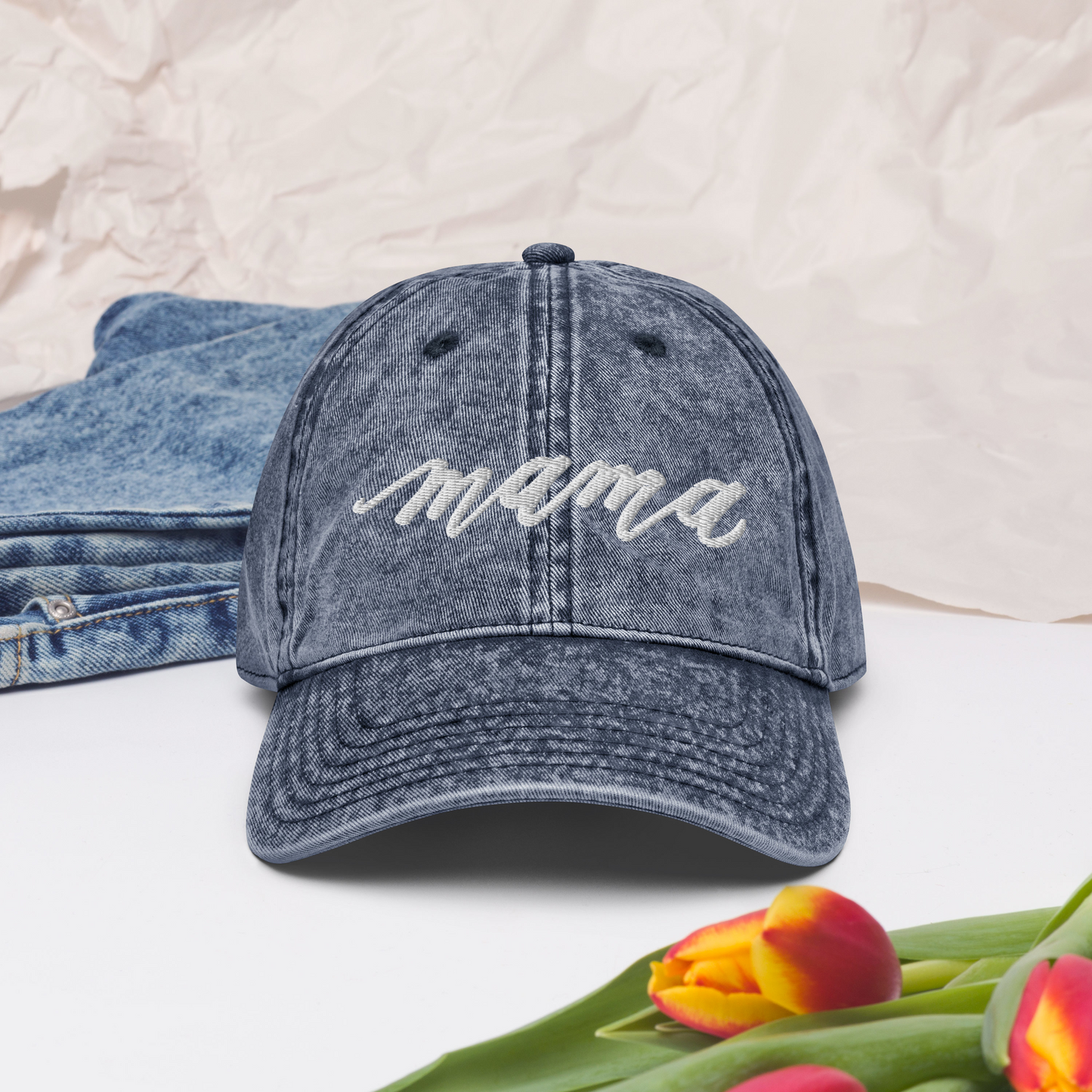 Embroidered Script "Mama" Calligraphy Vintage Cotton Twill Cap