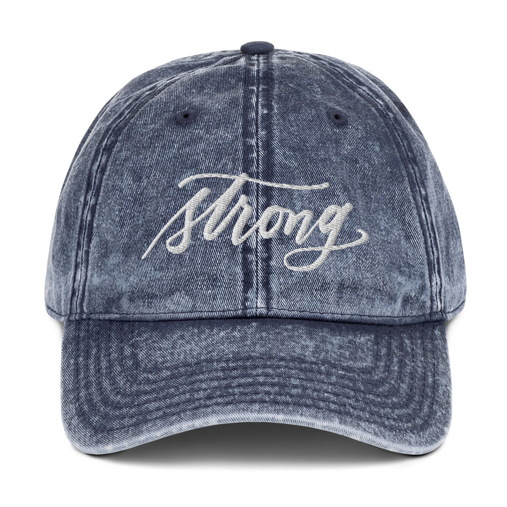 Embroidered Light Gray Script "Strong" Calligraphy Vintage Cotton Twill Cap