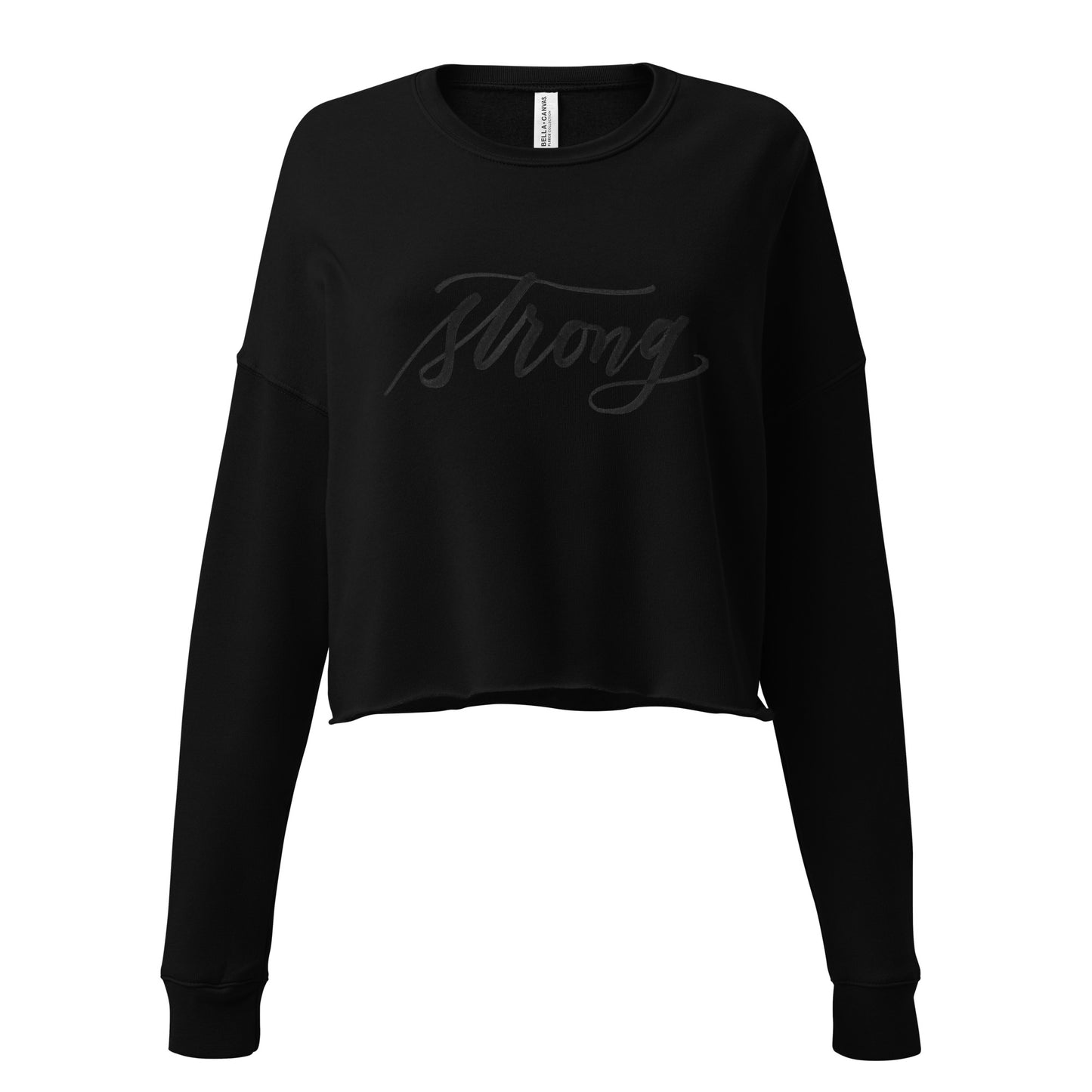 Black Script "Strong" Calligraphy Printed on Black Fleece Crop Sweatshirt