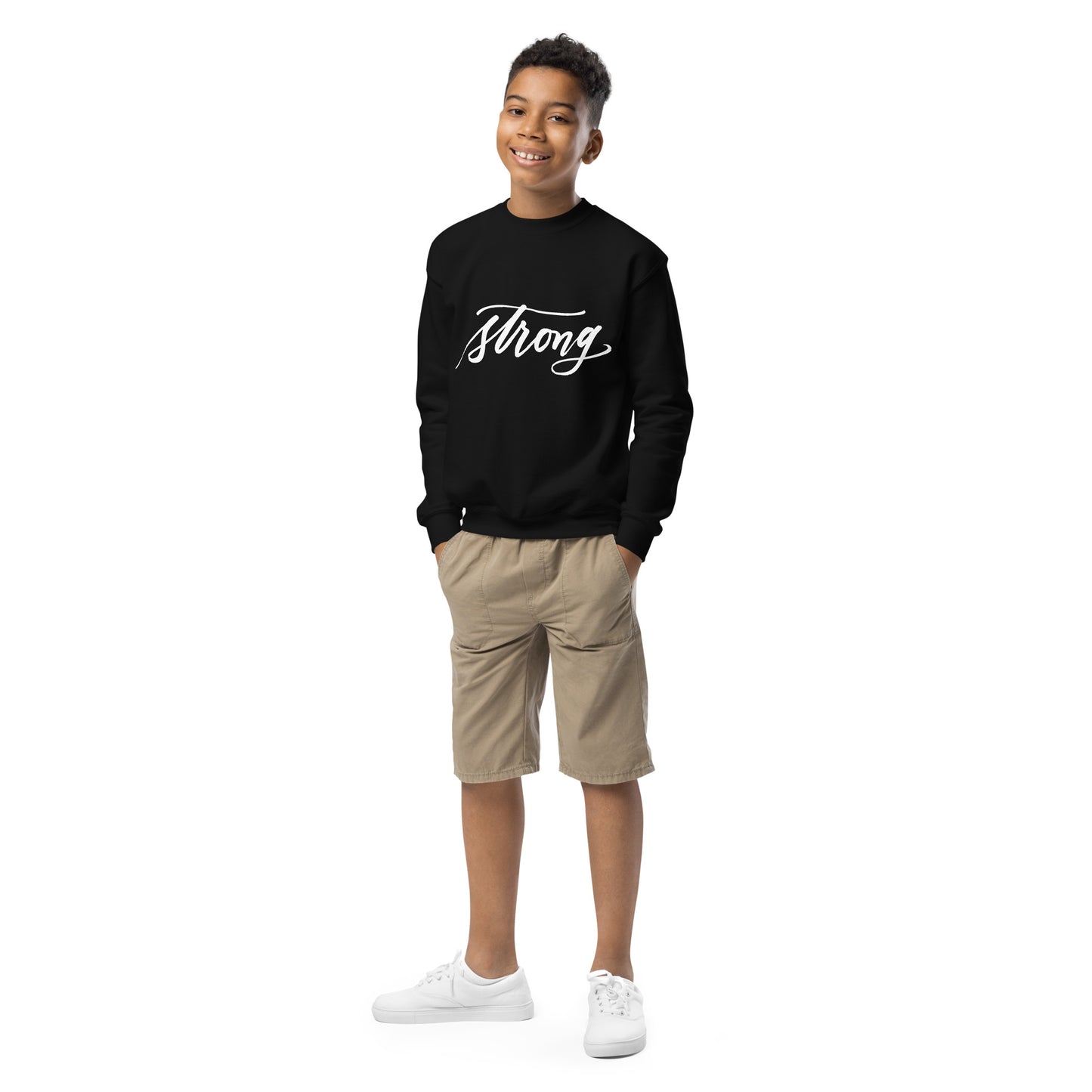 White Script "Strong" Calligraphy Printed on Kids' Crewneck Sweatshirt (Youth Sizes)