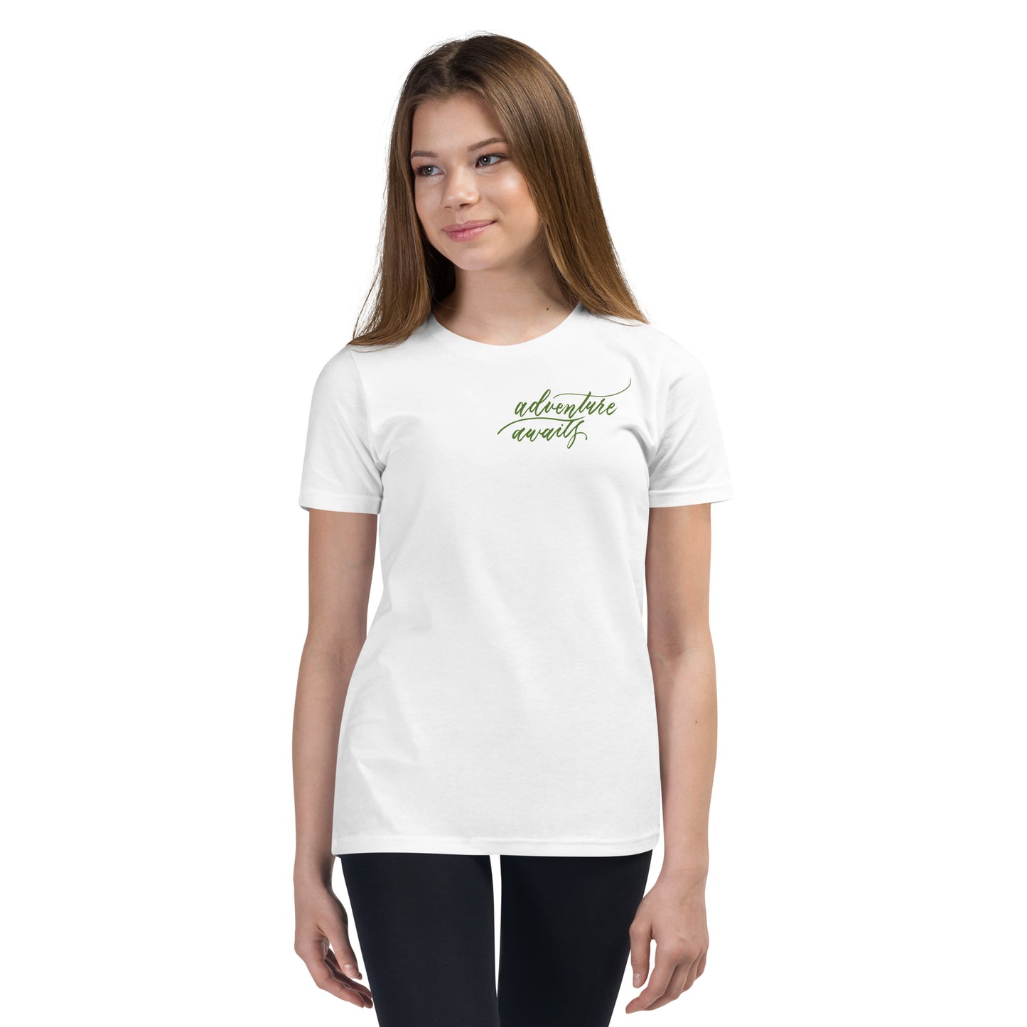 YOUTH SIZES - Script "Adventure Awaits" Green Calligraphy Printed Kids Short Sleeve T-Shirt