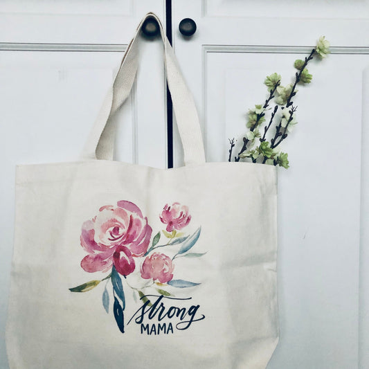 Watercolor Rose - Strong Mama Calligraphy  - Large Cotton Tote Bag - Wide Tote