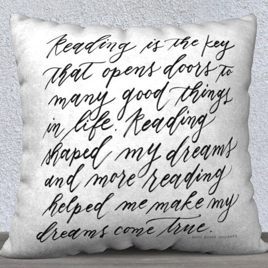 22"x22" Large - "Reading is Key" Ruth Bader Ginsburg RBG Quote Calligraphy Printed Pillow