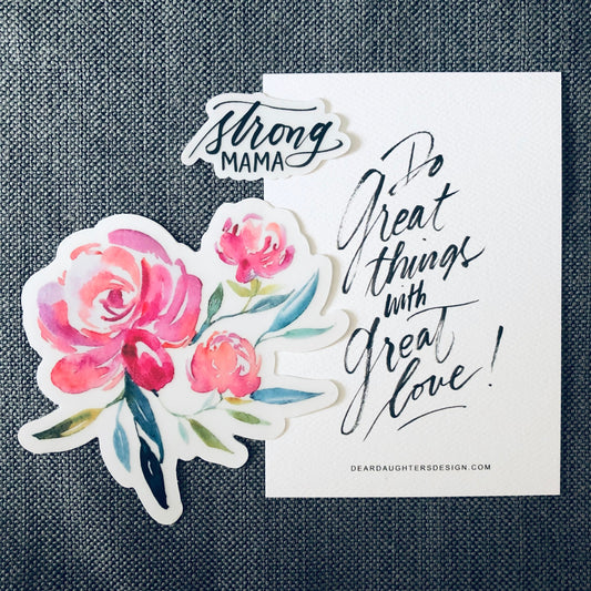 Watercolor Roses & "Strong Mama" Vinyl Decal Sticker Pack of Two