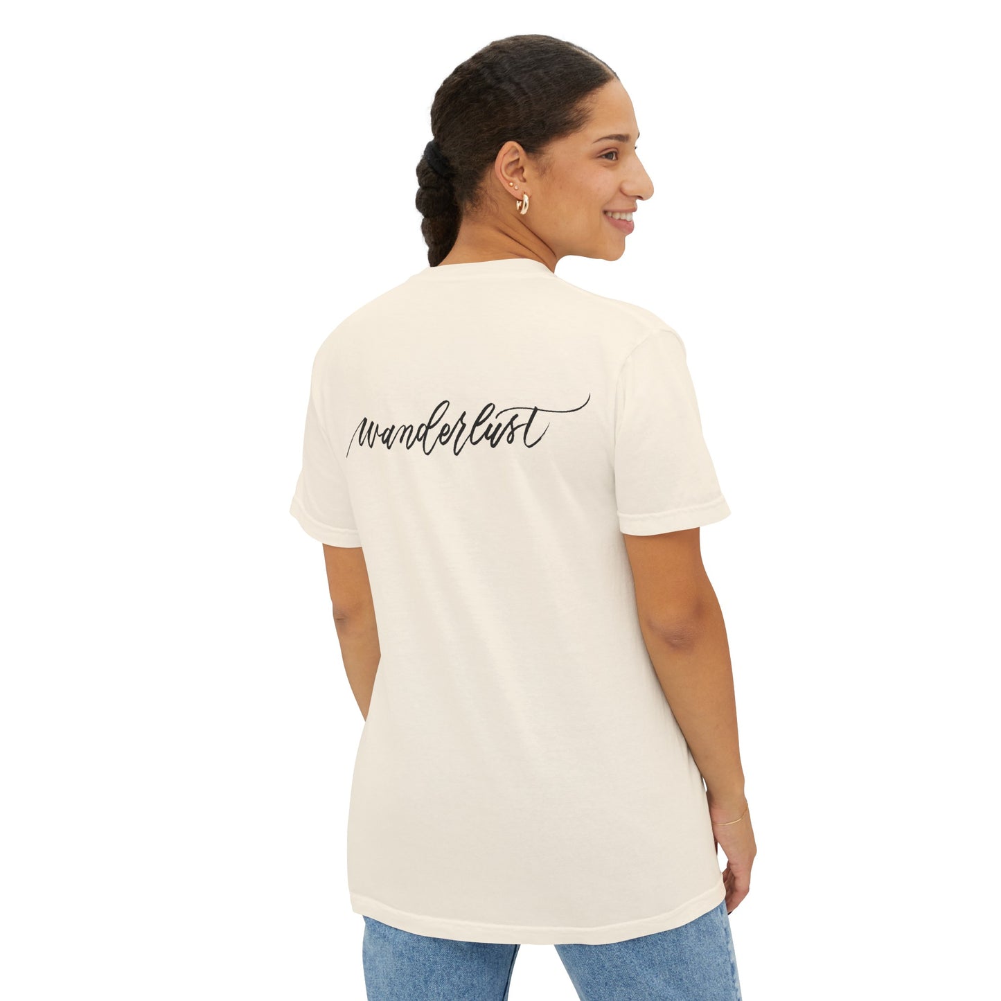 Wanderlust t-shirt perfect for the traveler with black script printed on the back 