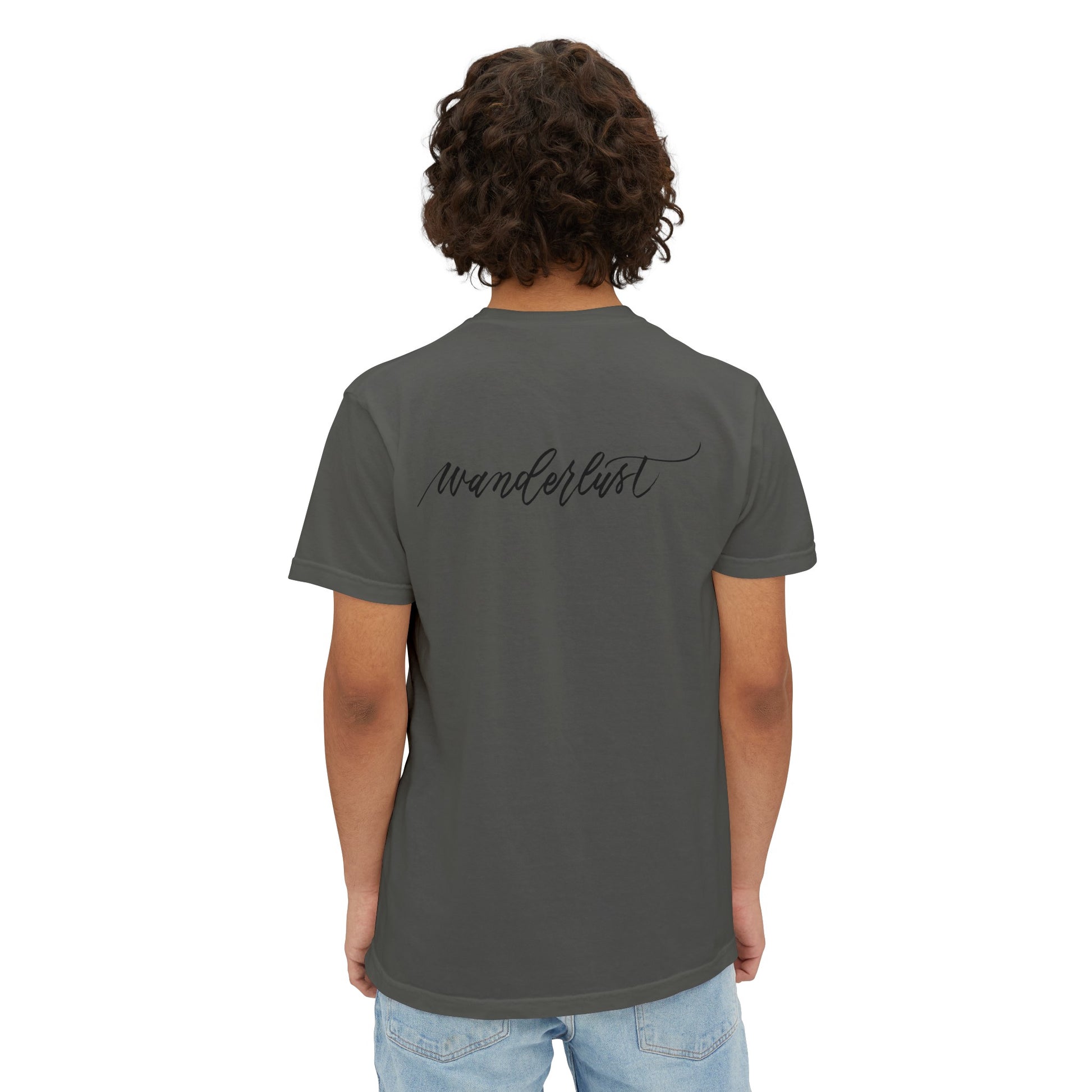 Back of person wearing a travel wanderlust t-shirt in grey.