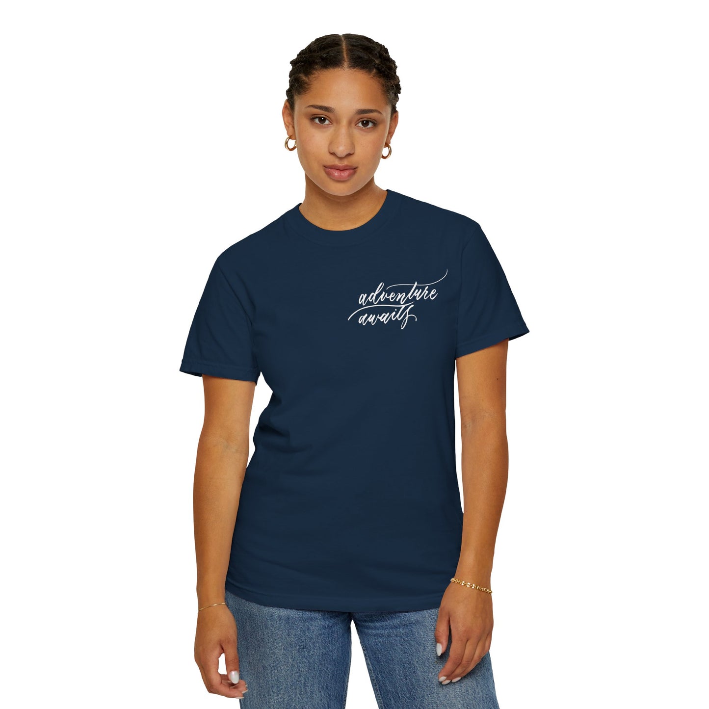 Script "Adventure Awaits" White Calligraphy Printed Unisex Garment-Dyed T-shirt