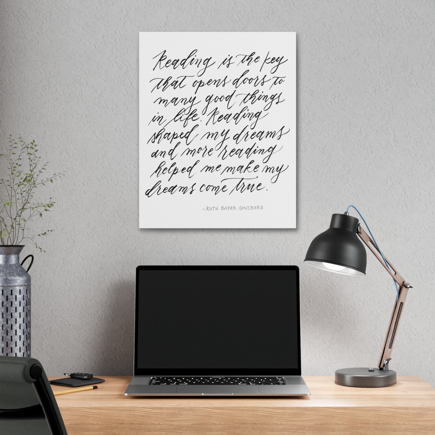 Wall Decor Canvas - "Reading is Key" Ruth Bader Ginsburg RBG Quote Calligraphy Printed on Stretched Canvas Wall Decor