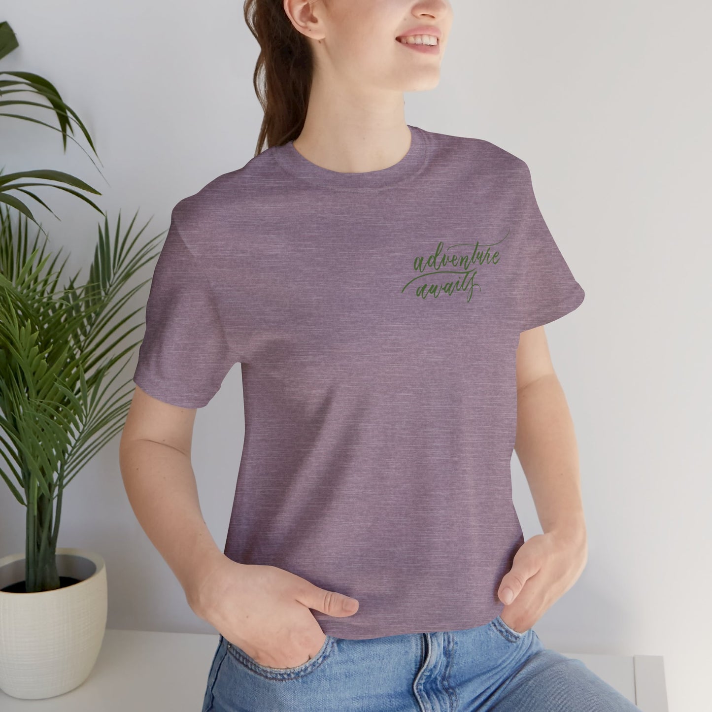 Script "Adventure Awaits" Green Calligraphy Printed Unisex T-shirt