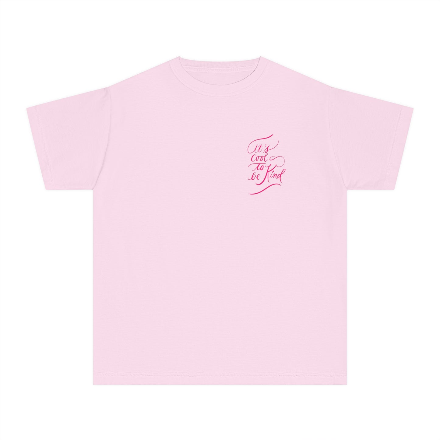 Script "It’s Cool to Be Kind" Pink Calligraphy Printed Youth Short Sleeve Mid-Weight Tee