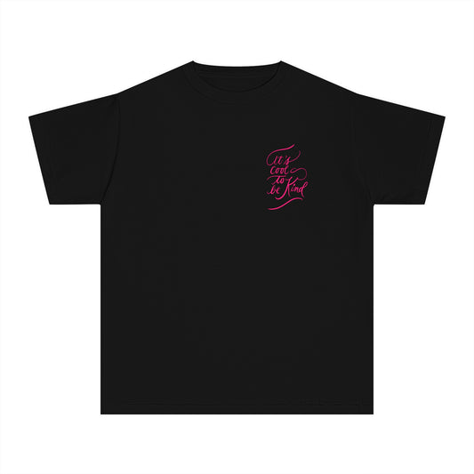 Script "It’s Cool to Be Kind" Pink Calligraphy Printed Youth Short Sleeve Mid-Weight Tee