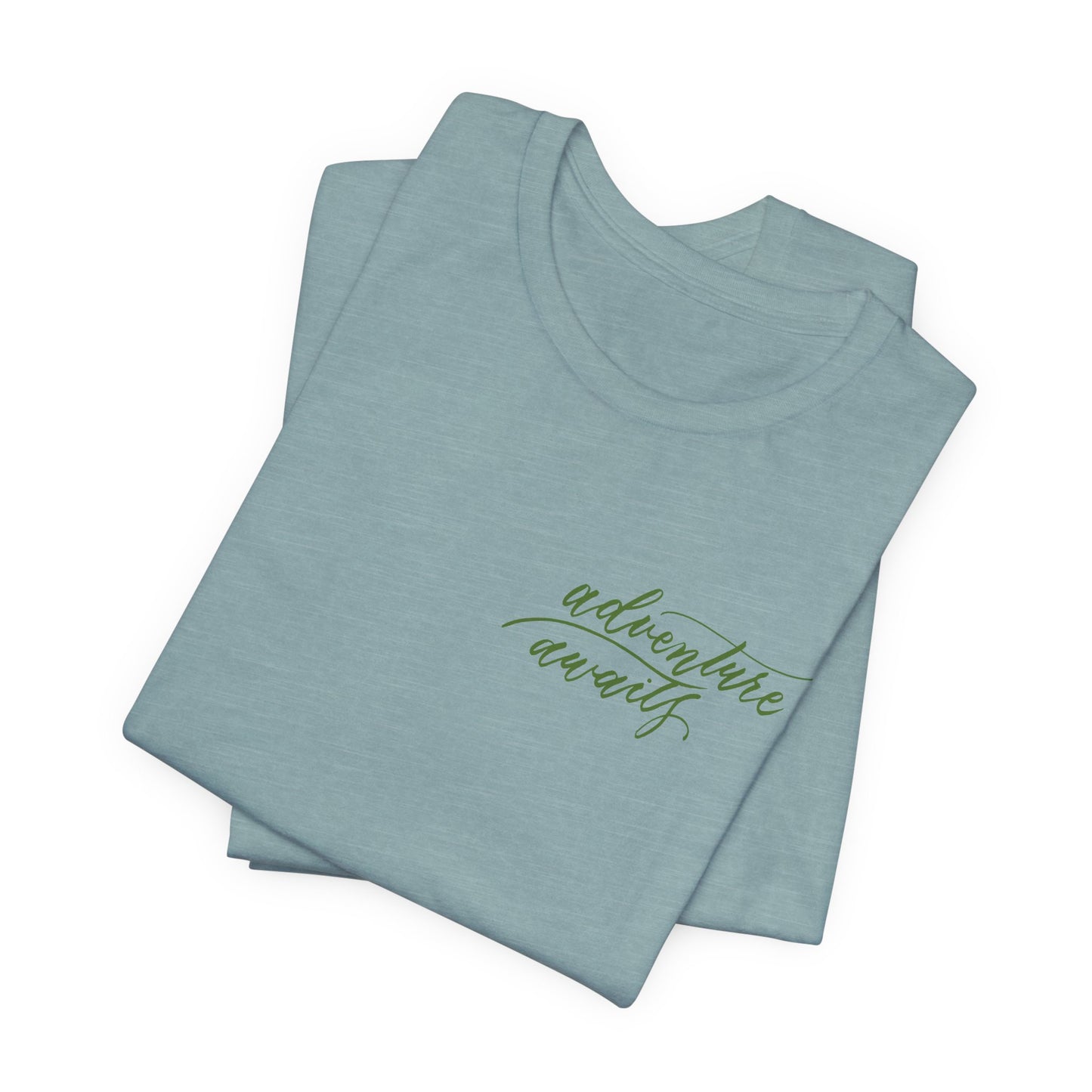 Script "Adventure Awaits" Green Calligraphy Printed Unisex T-shirt