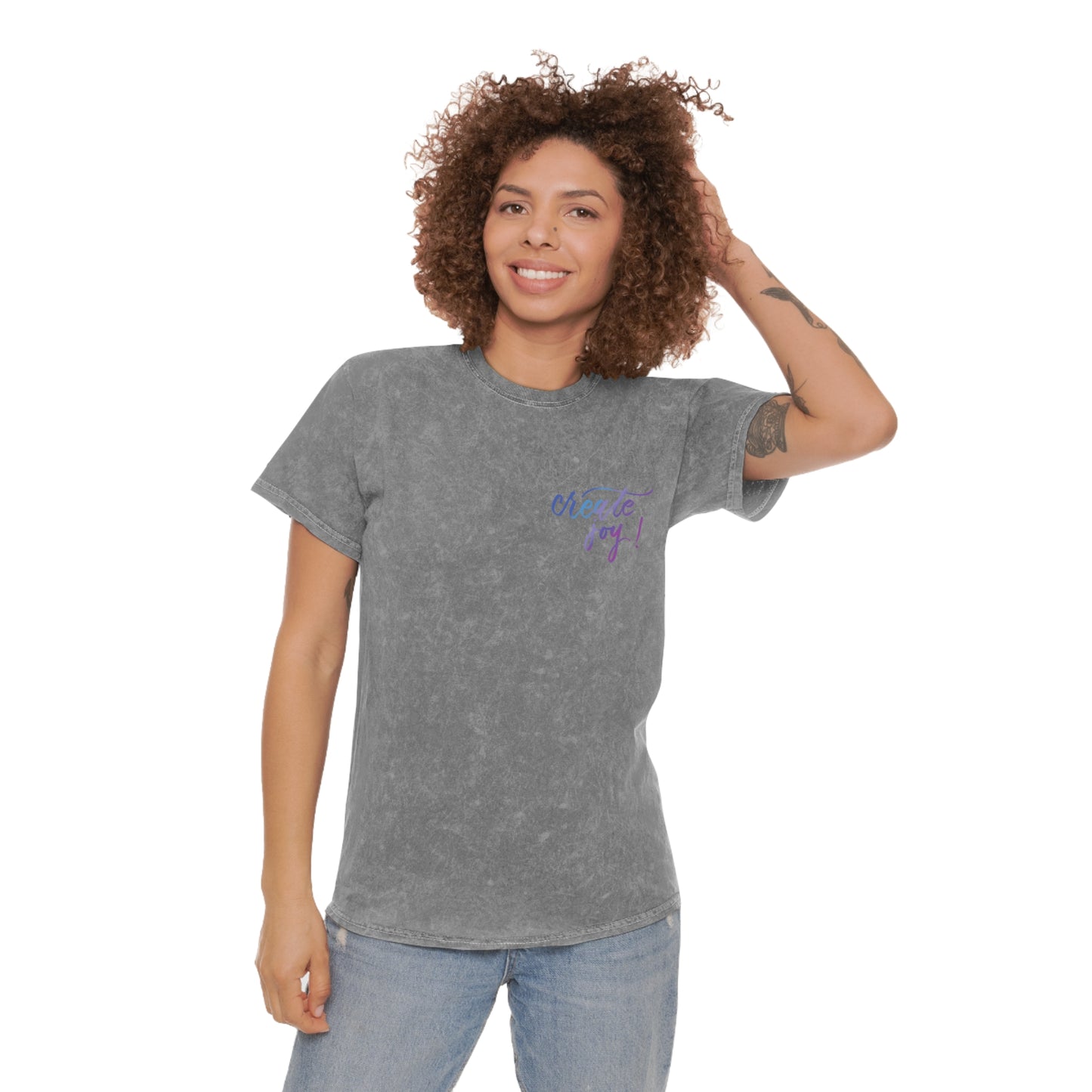 Script "Create Joy" Blue Purple Calligraphy Printed Unisex Mineral Wash T-Shirt