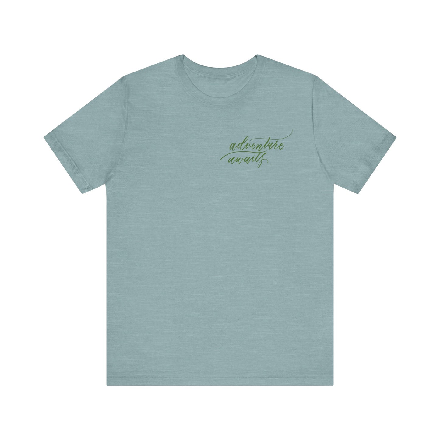 Script "Adventure Awaits" Green Calligraphy Printed Unisex T-shirt