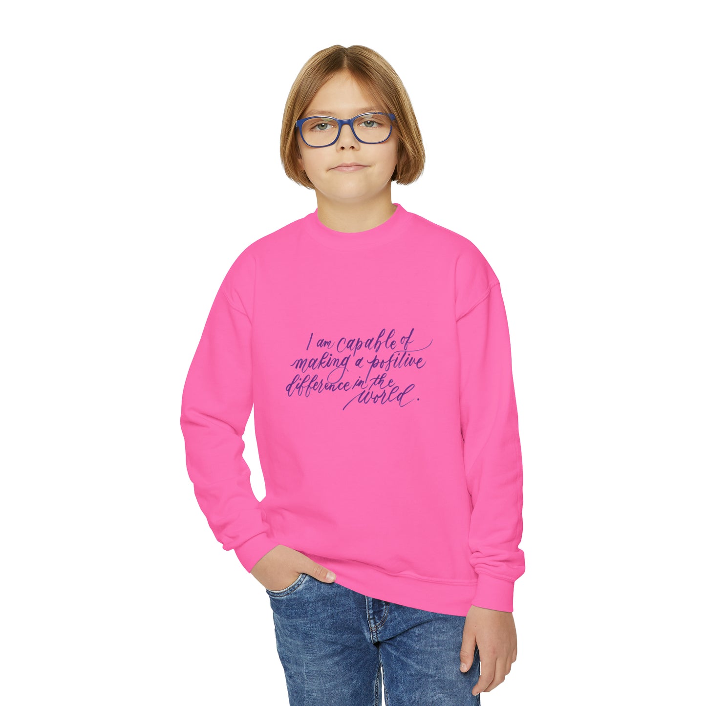 Advocacy Kids Sweatshirt - "I am capable of making a positive difference..." Calligraphy Cotton Blend YOUTH Sweatshirt - I am Empowered #08