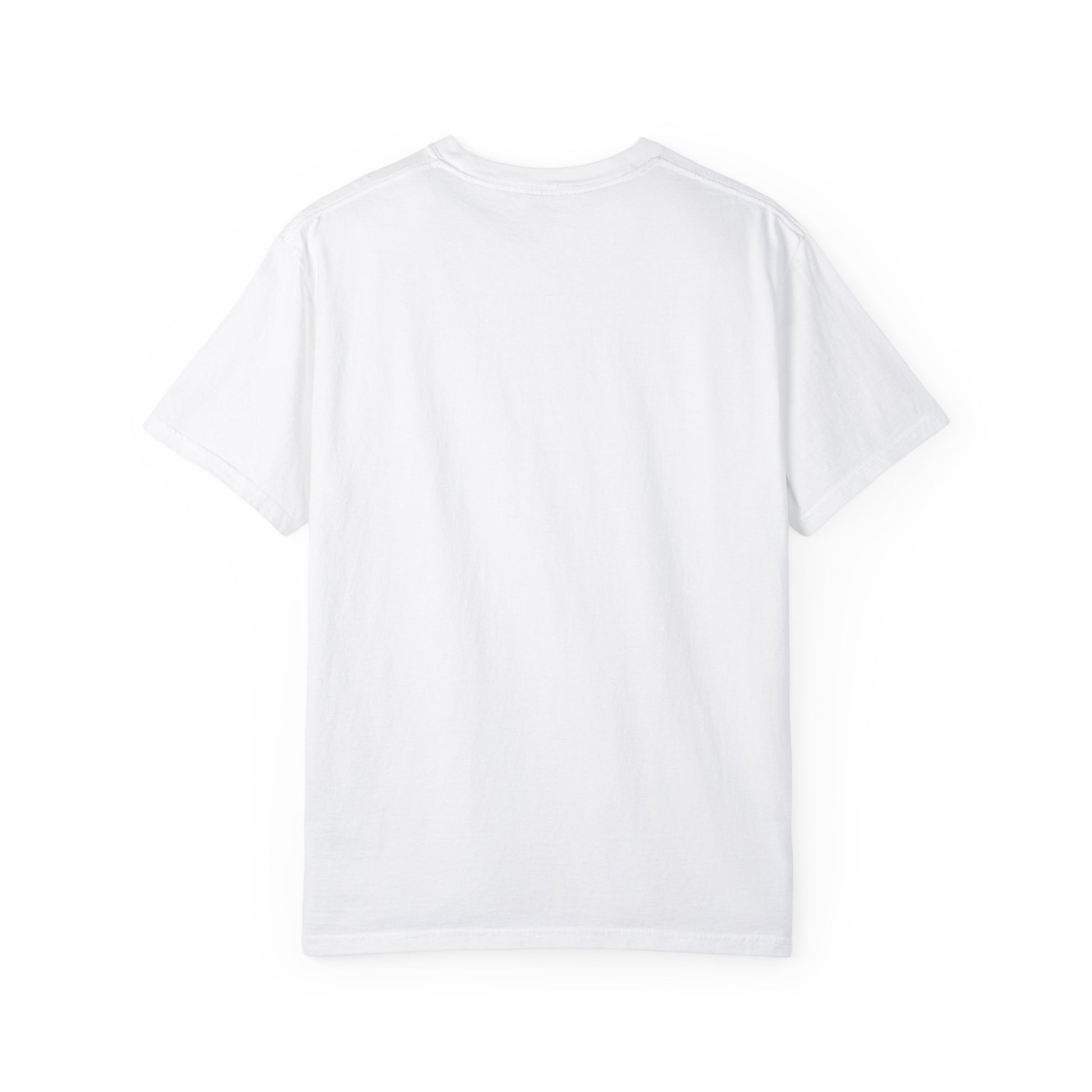 Back of white crew neck t-shirt.