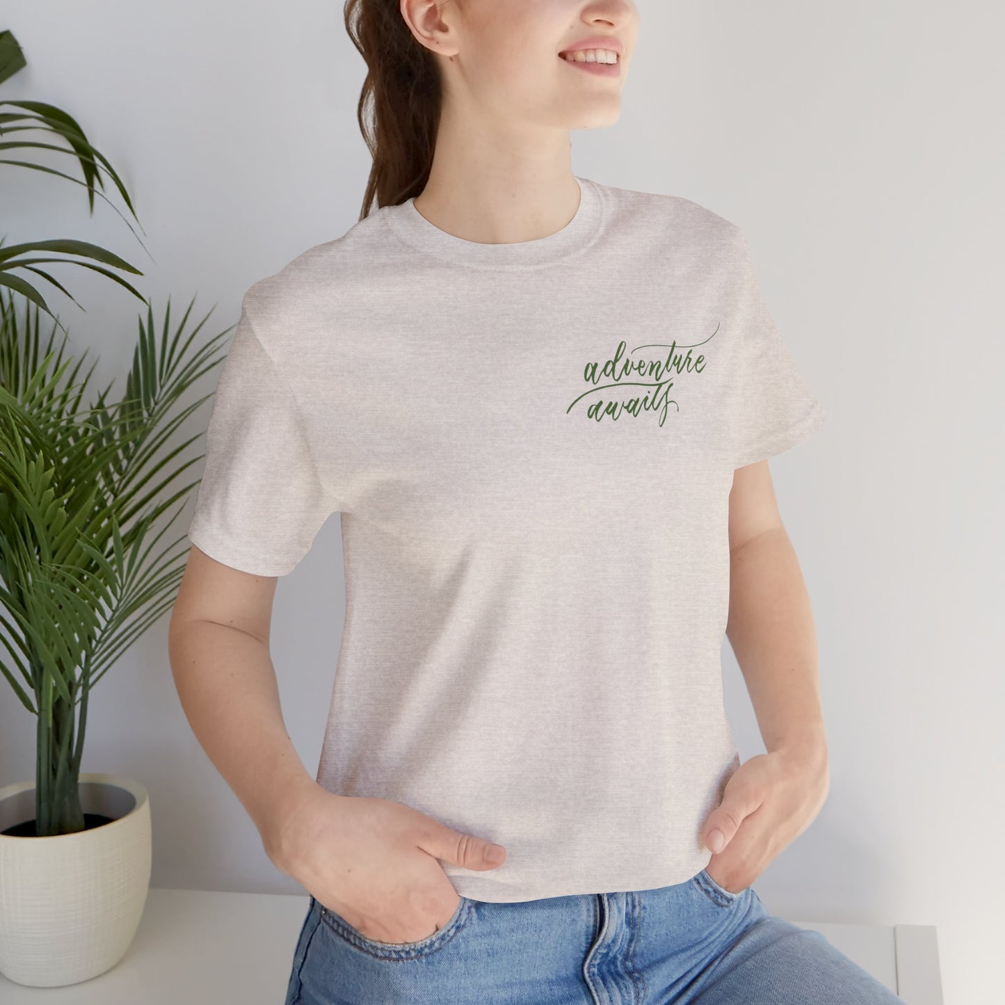 Script "Adventure Awaits" Green Calligraphy Printed Unisex T-shirt