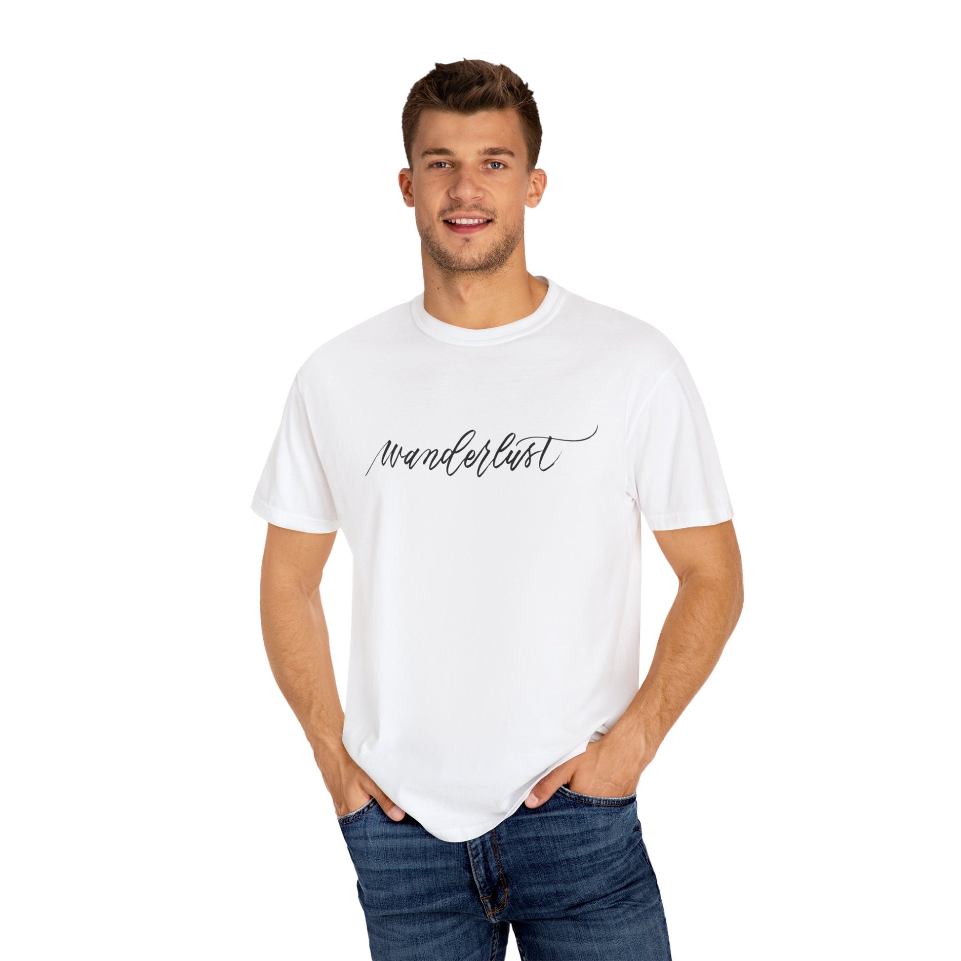 Man wearing white t-shirt front view reads "wanderlust" handwritten in beautiful calligraphy.