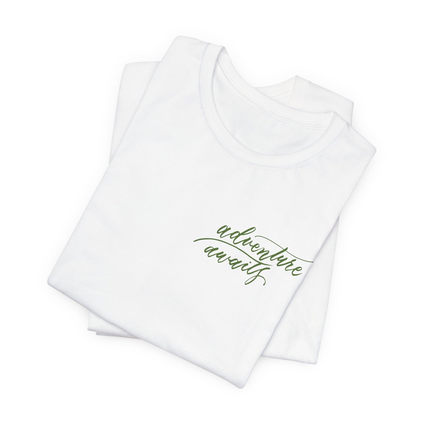 Script "Adventure Awaits" Green Calligraphy Printed Unisex T-shirt