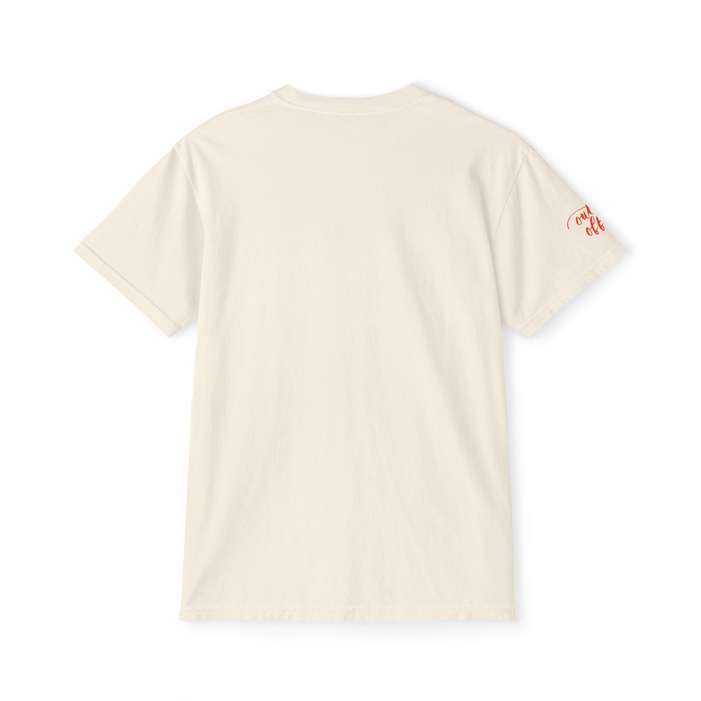 Script "Out of Office" Orange Calligraphy Printed Sleeve - Unisex Garment-Dyed Pocket T-Shirt