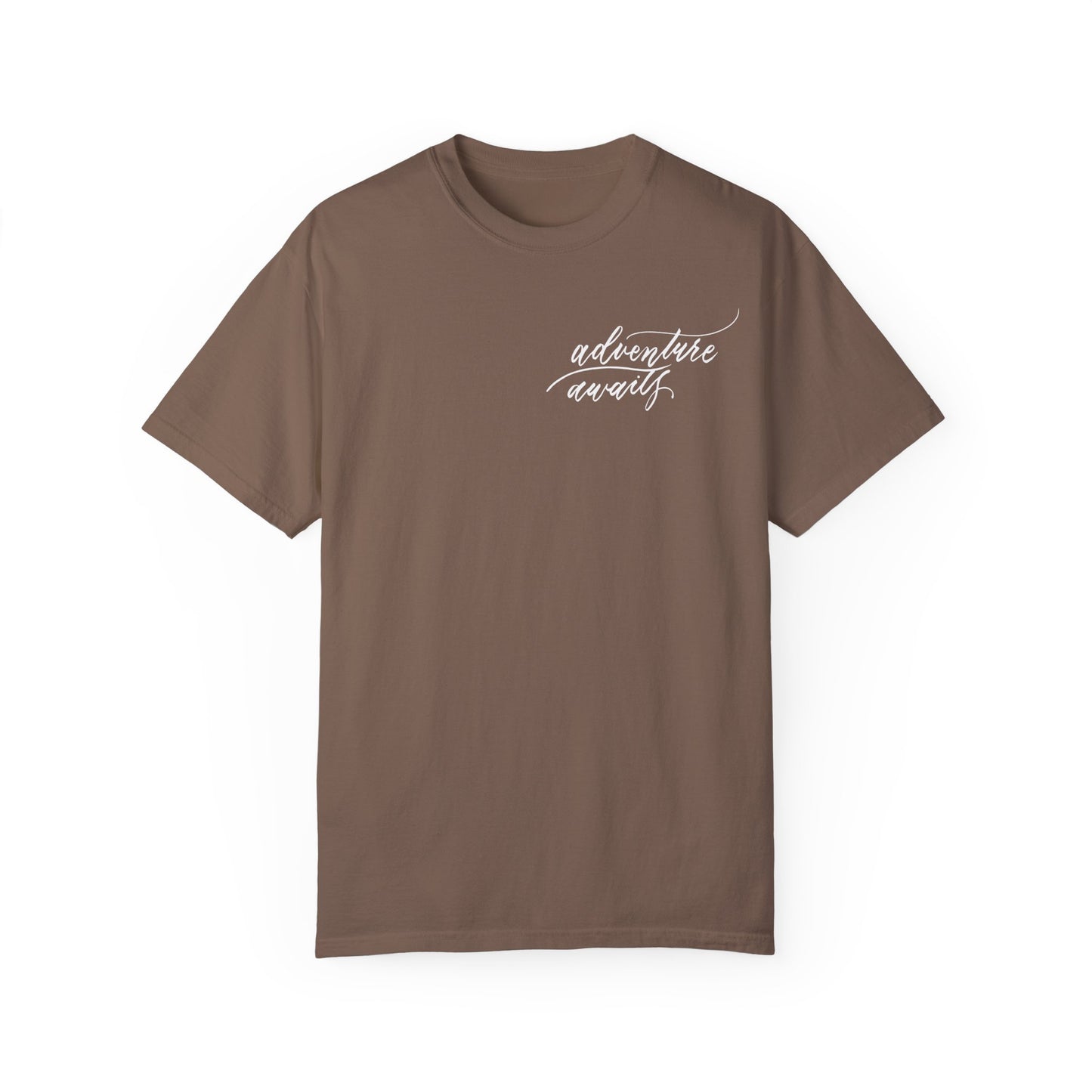 Script "Adventure Awaits" White Calligraphy Printed Unisex Garment-Dyed T-shirt