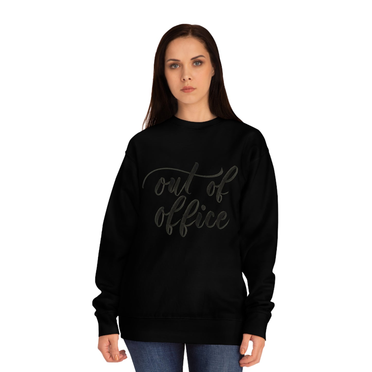 Script "Out of Office" Black Brush Calligraphy Printed Black Unisex Crew Sweatshirt