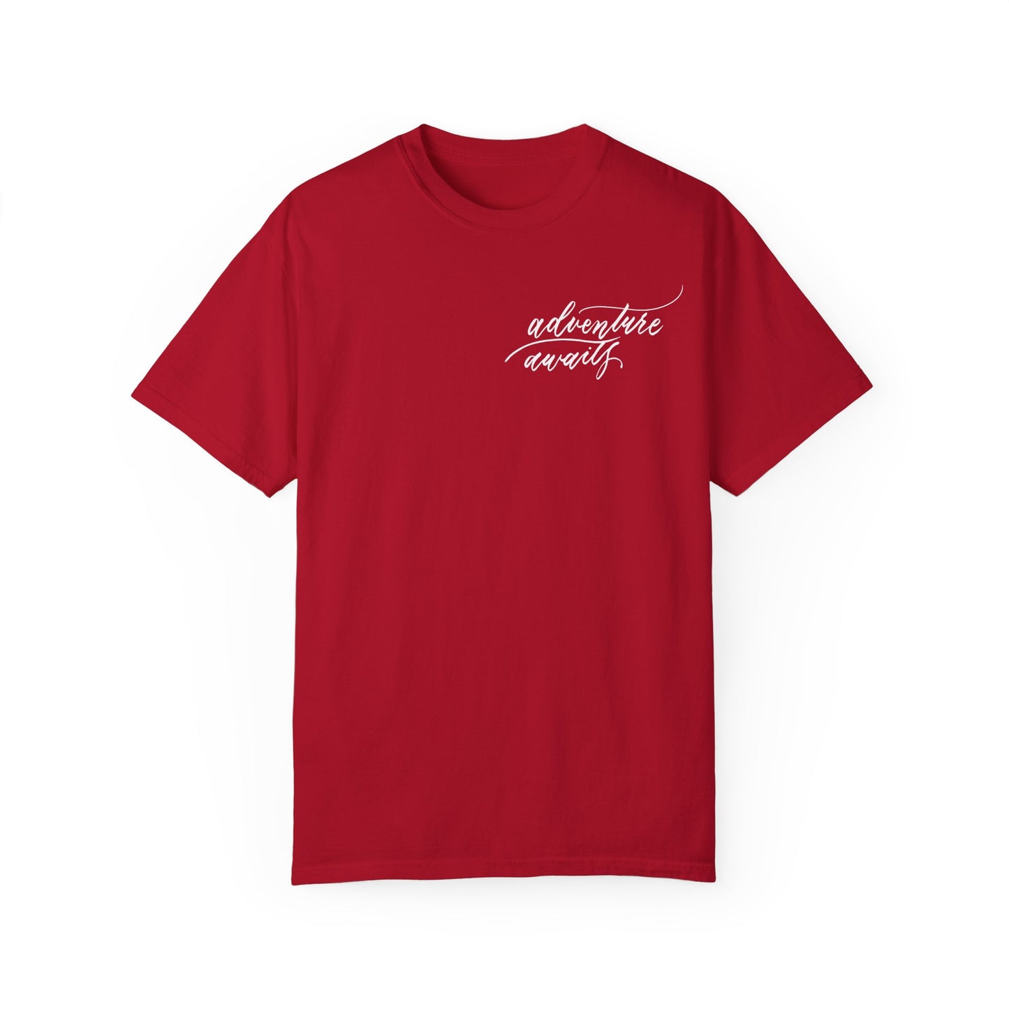 Script "Adventure Awaits" White Calligraphy Printed Unisex Garment-Dyed T-shirt