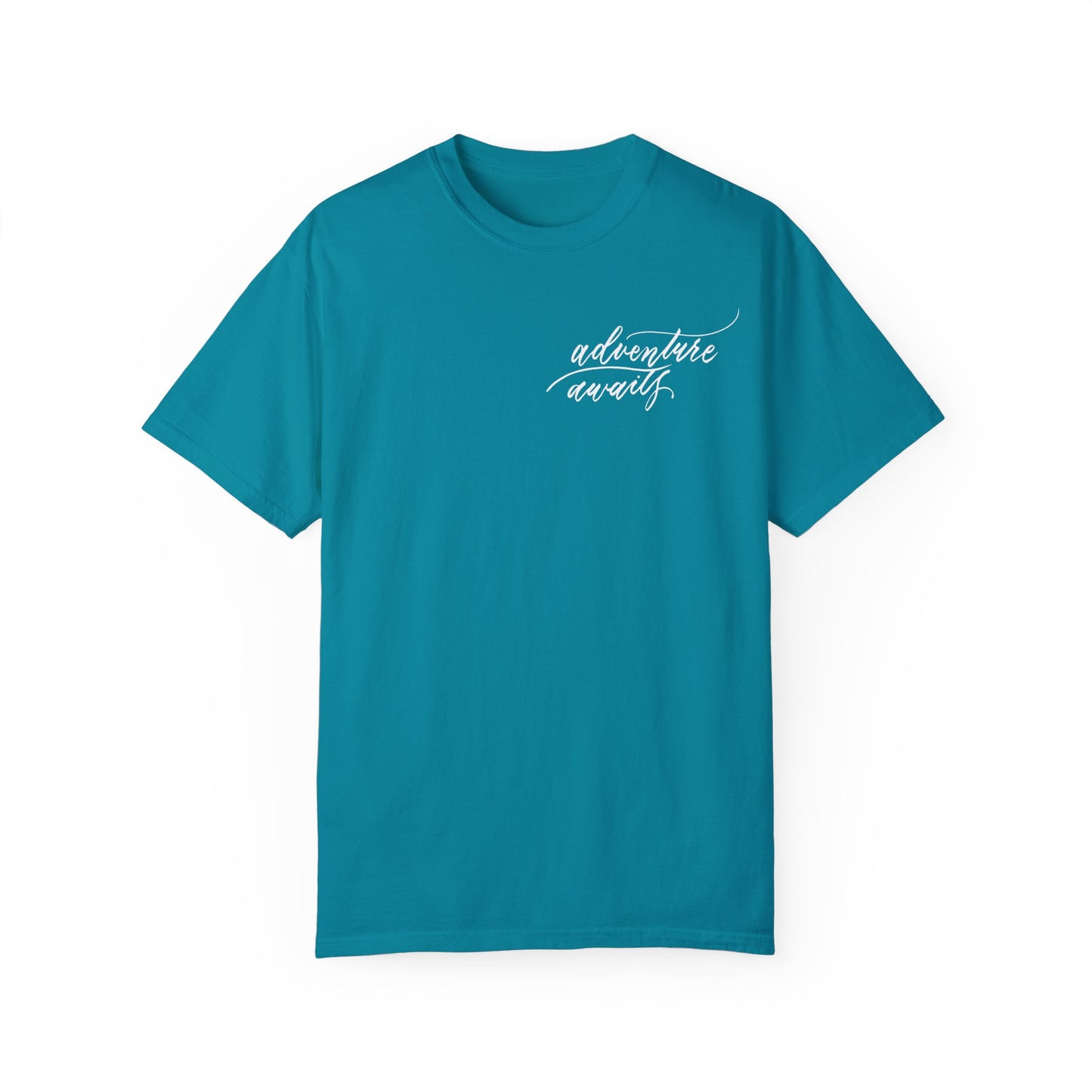 Script "Adventure Awaits" White Calligraphy Printed Unisex Garment-Dyed T-shirt