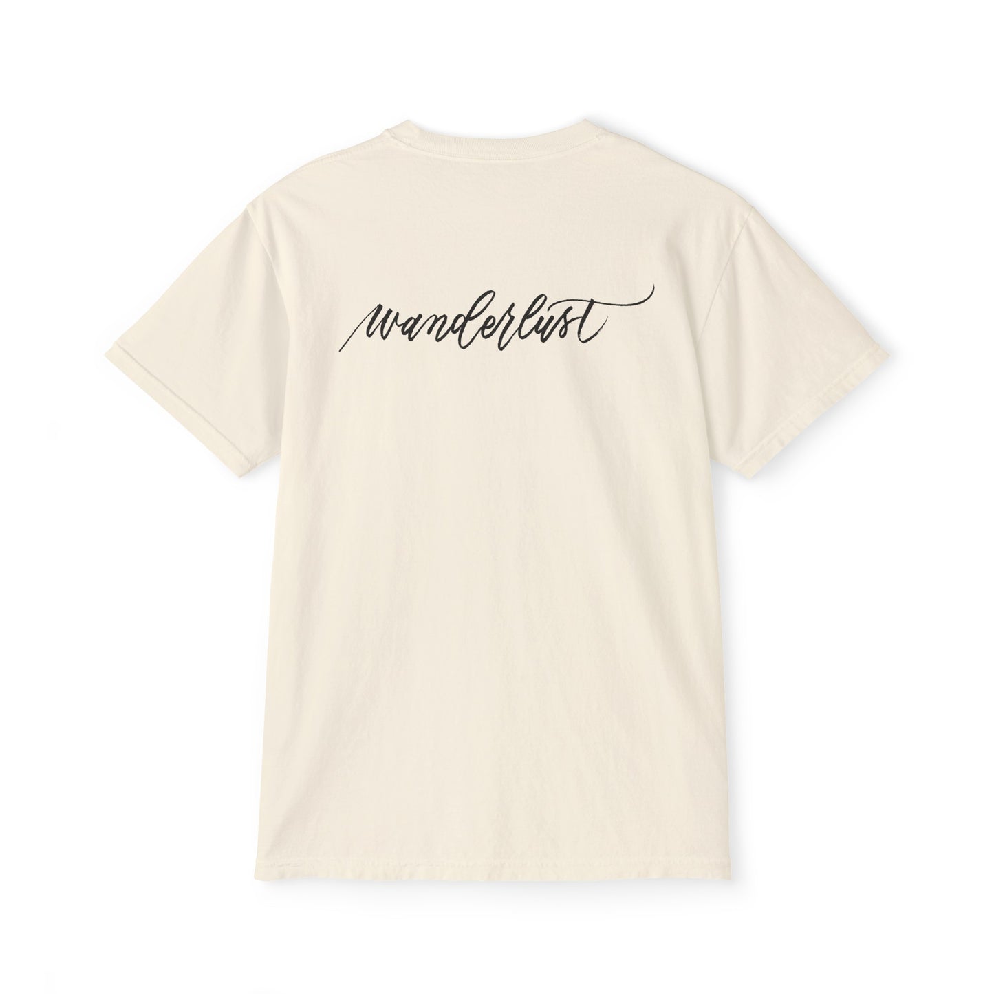 Cool flowy script wanderlust word on t-shirt