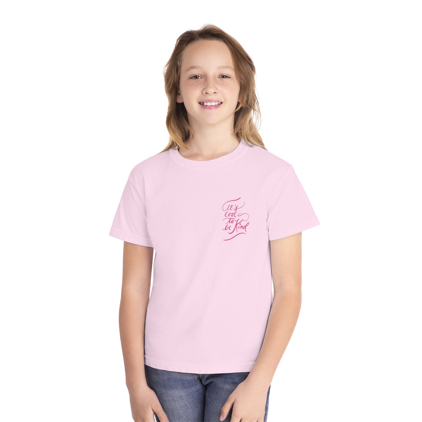 Script "It’s Cool to Be Kind" Pink Calligraphy Printed Youth Short Sleeve Mid-Weight Tee